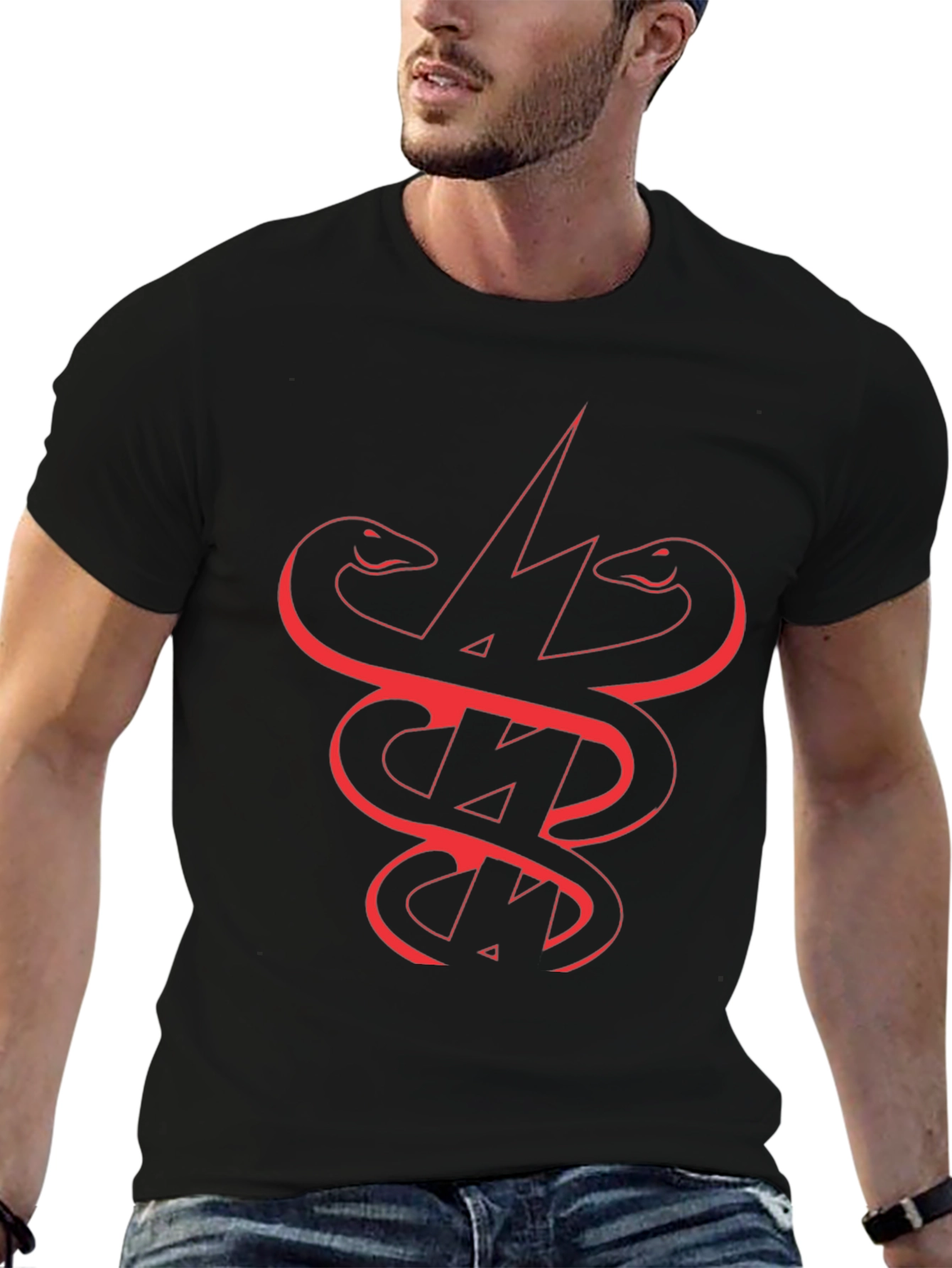 Black T-Shirt with Snake and Lightning Bolt Graphic
