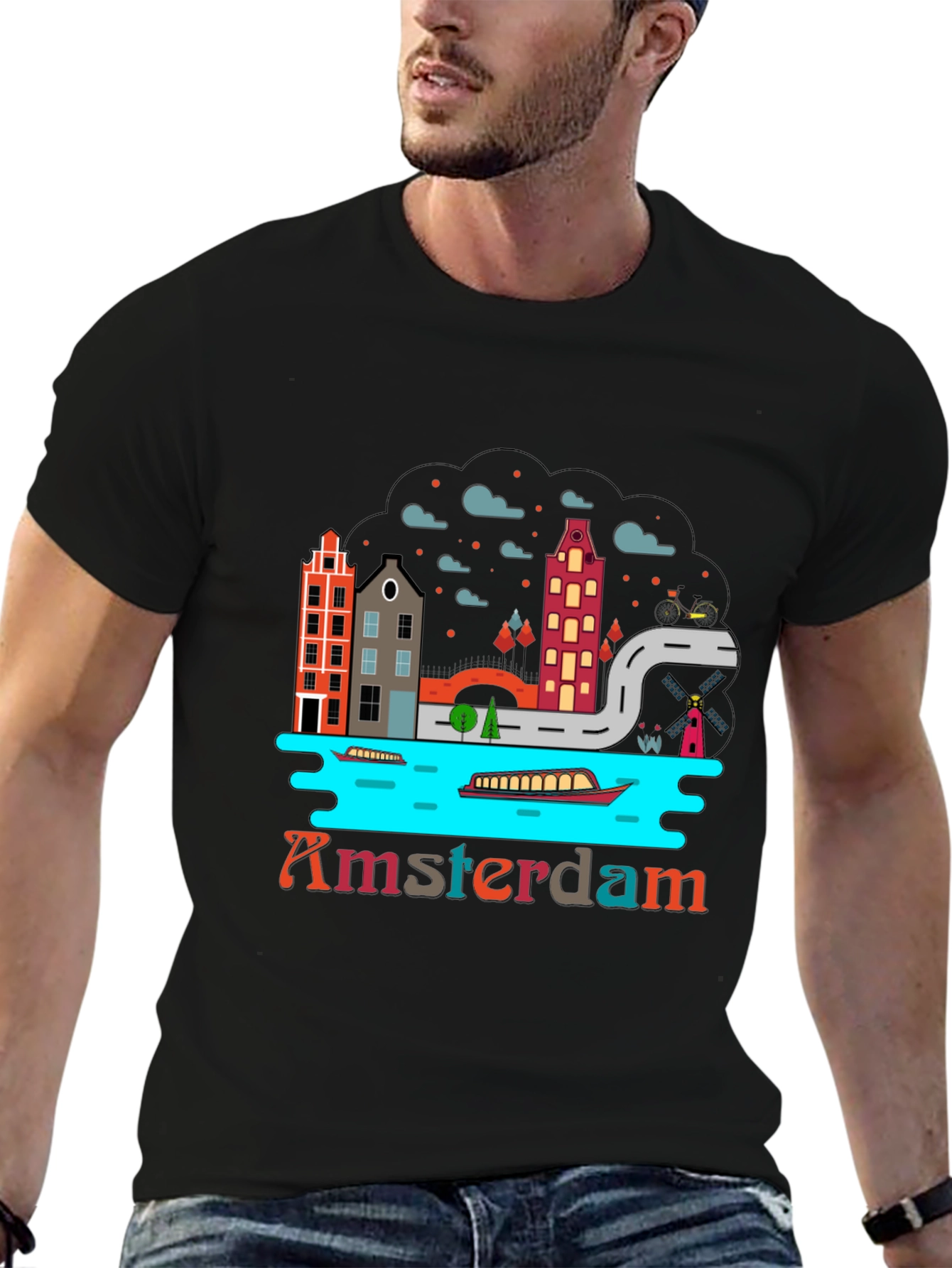 Amsterdam T-Shirt Black Graphic Tee Novelty Travel Shirt