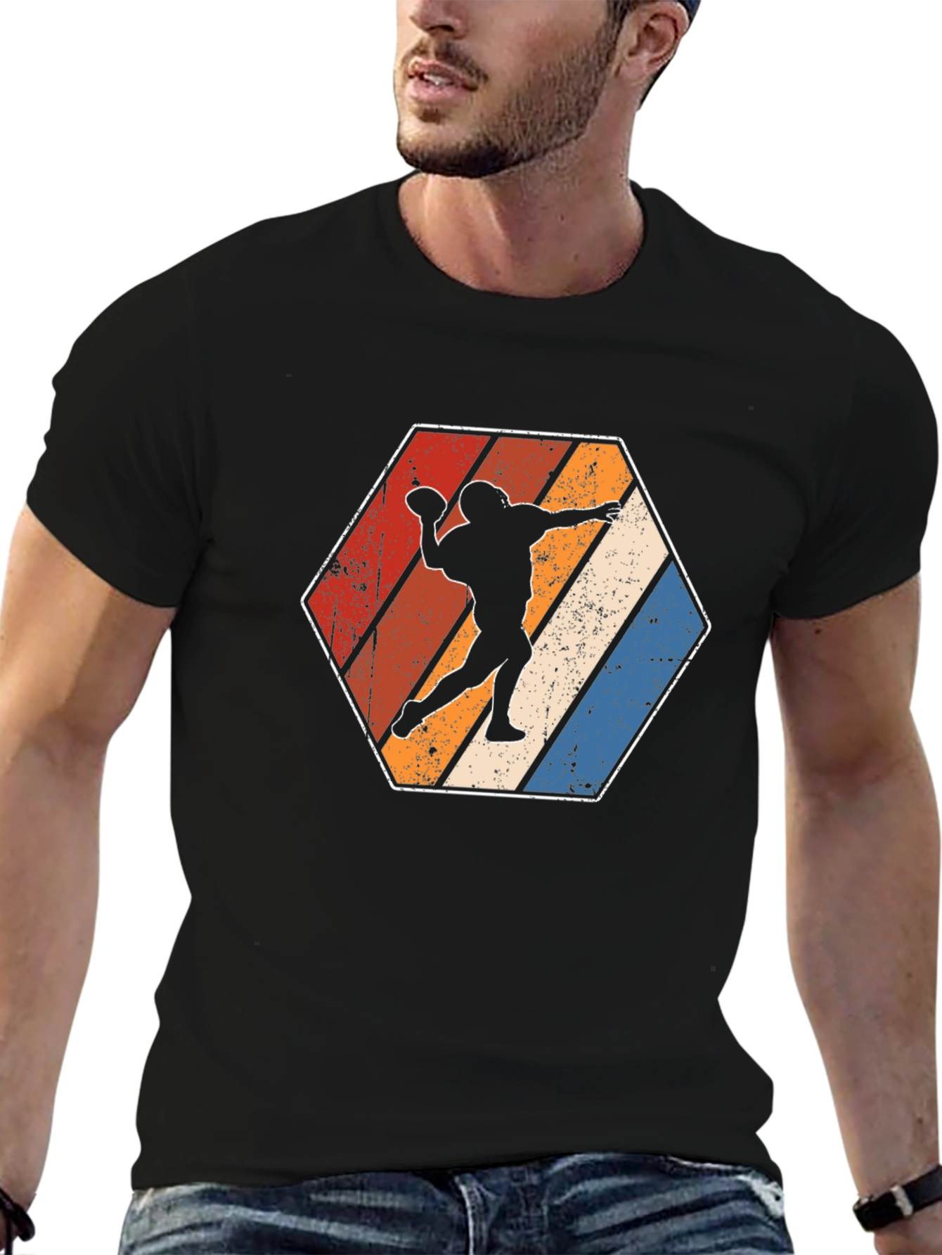 Retro Football Player Hexagon Graphic T-Shirt
