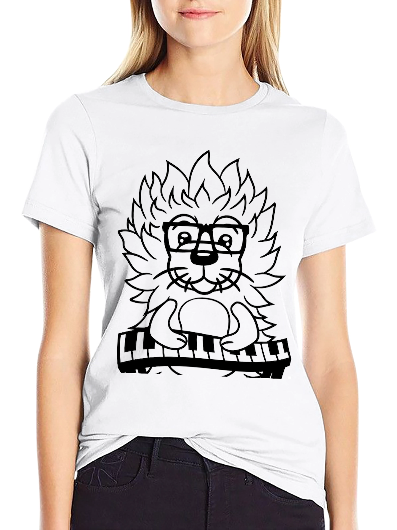 Hipster Lion Piano Player Graphic Tee - Black