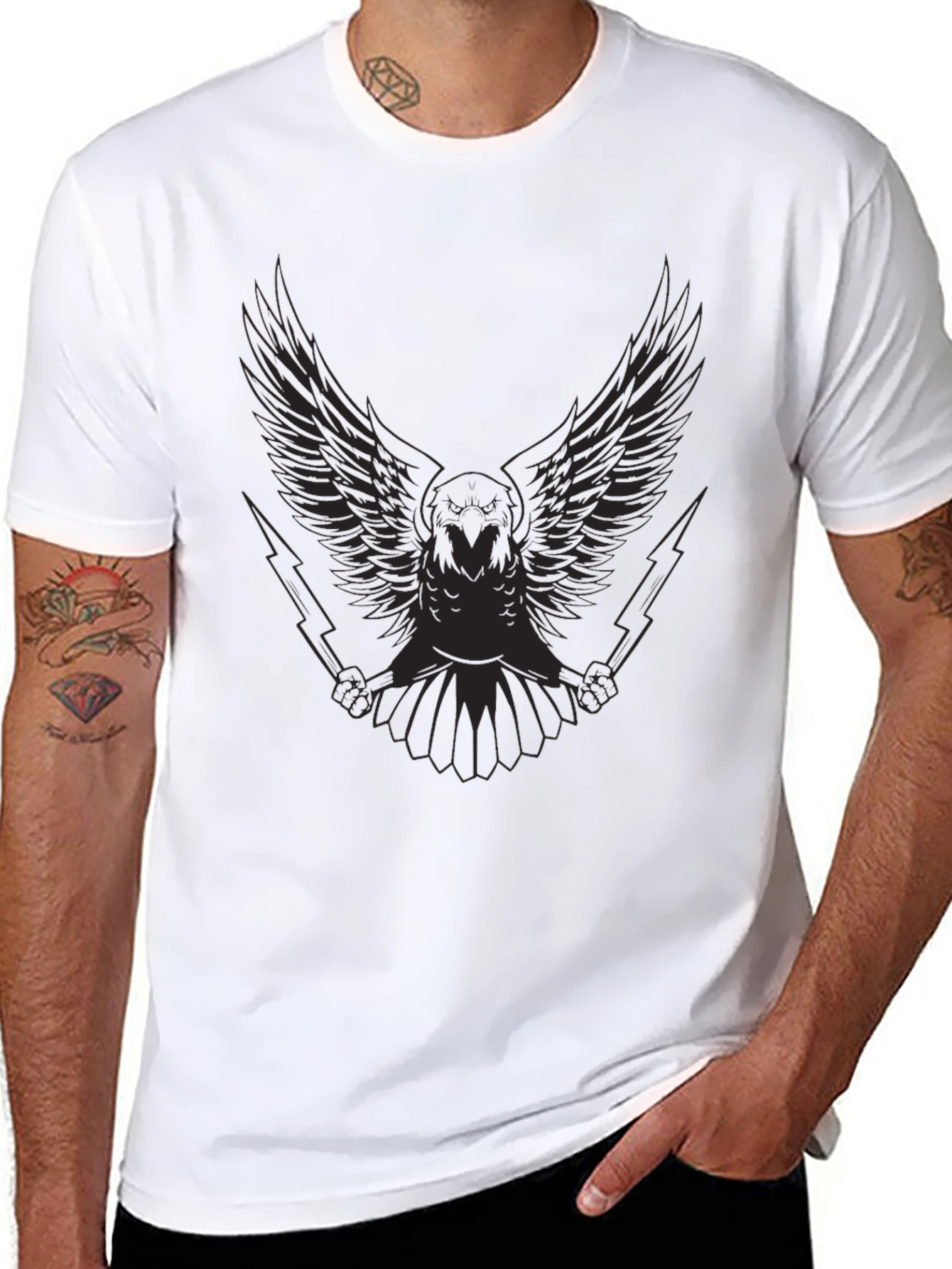 Mens Black Graphic Tee - Winged Owl & Lightning