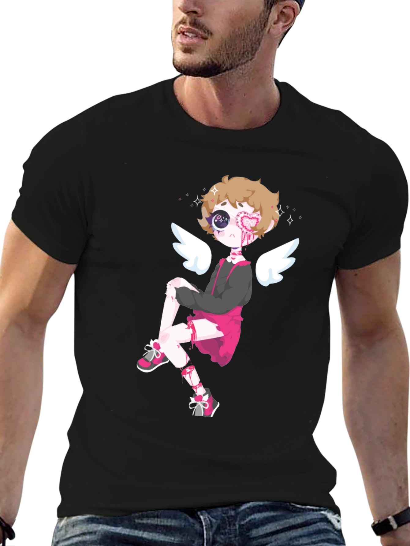 Cupid Cartoon Graphic Tee - Mens Black T-Shirt