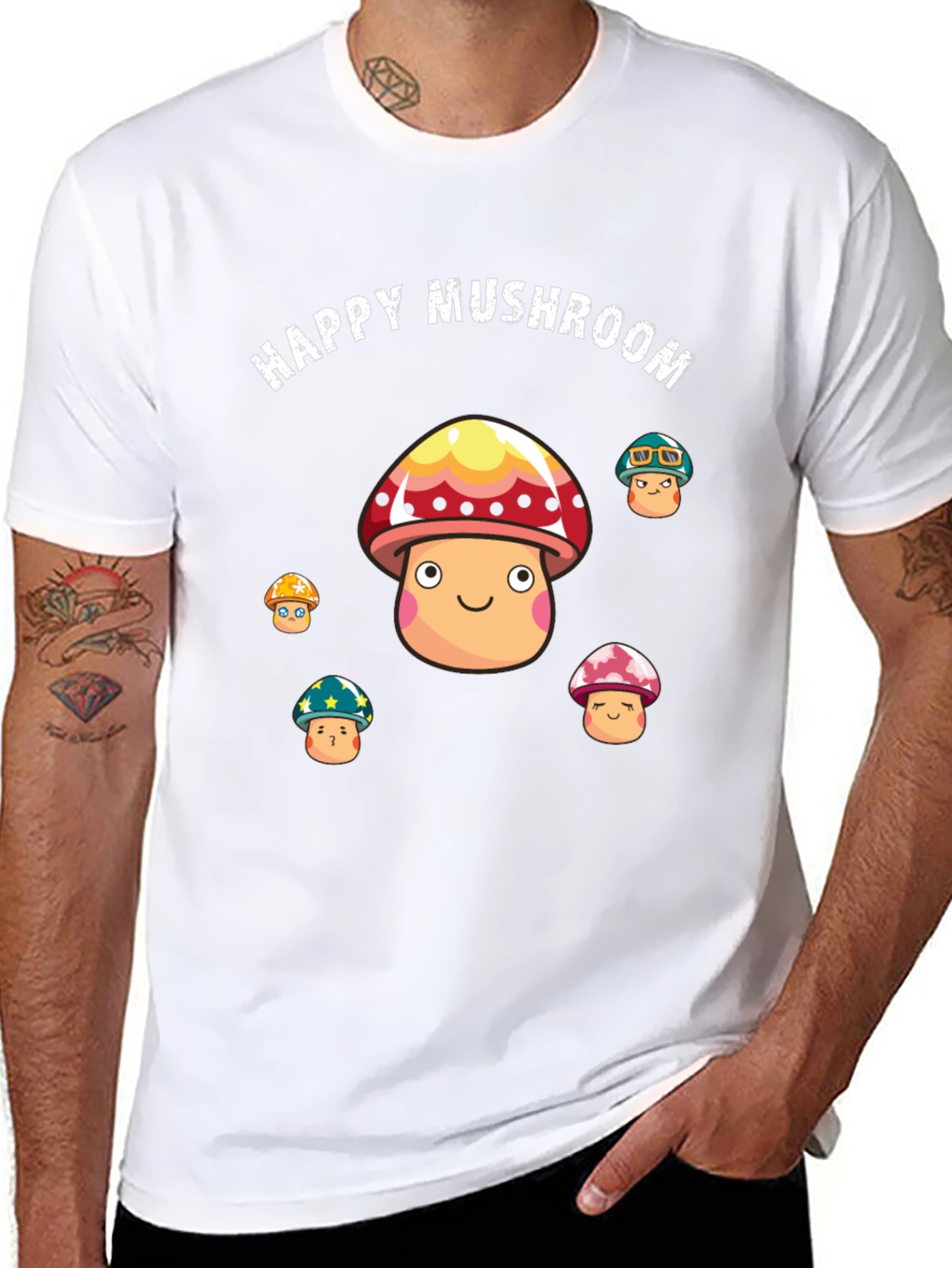 Happy Mushroom Graphic Print Black T-Shirt