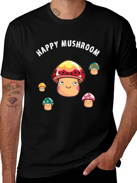 Happy Mushroom Graphic Print Black T-Shirt