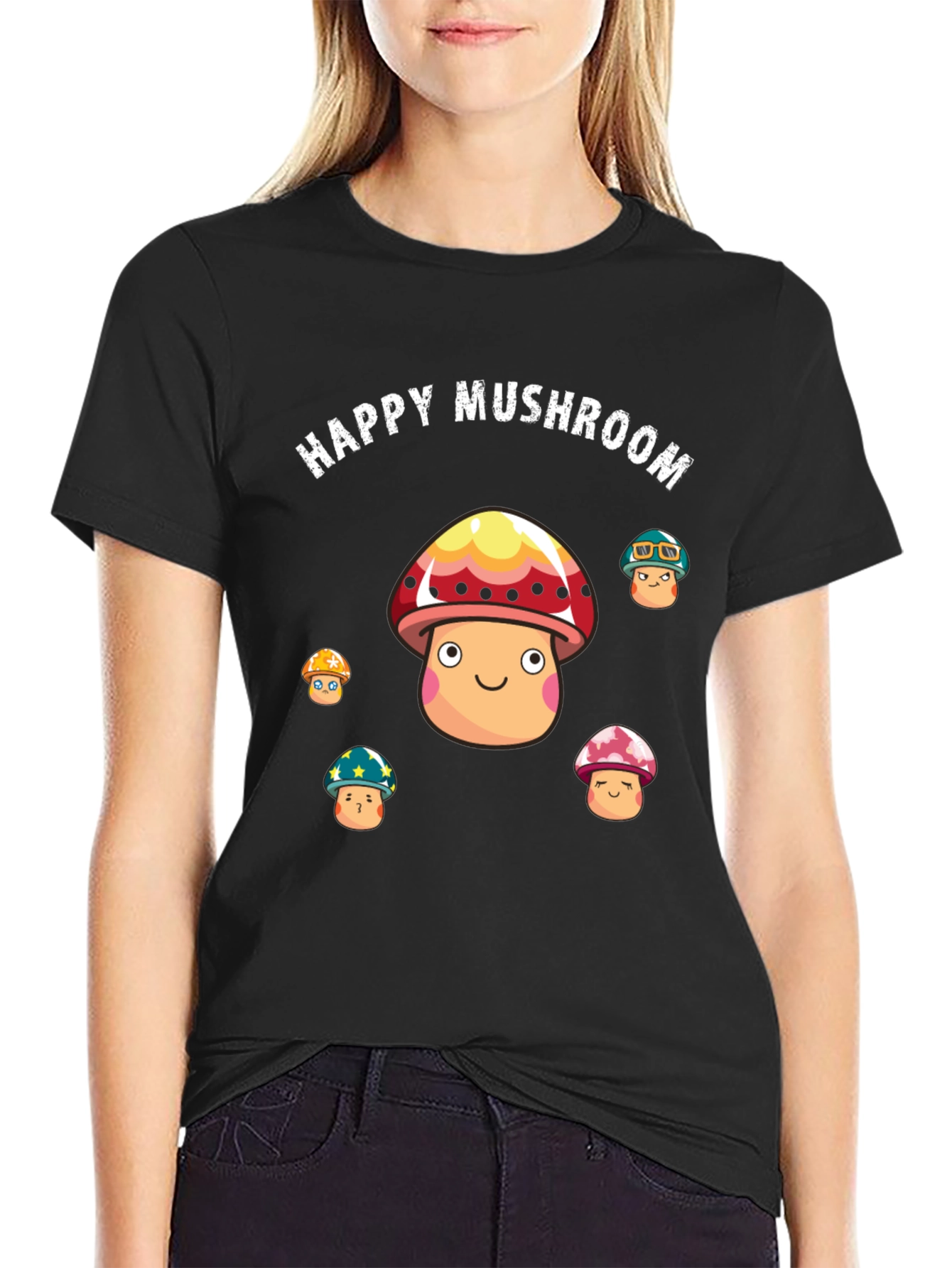 Happy Mushroom Graphic Print Black T-Shirt
