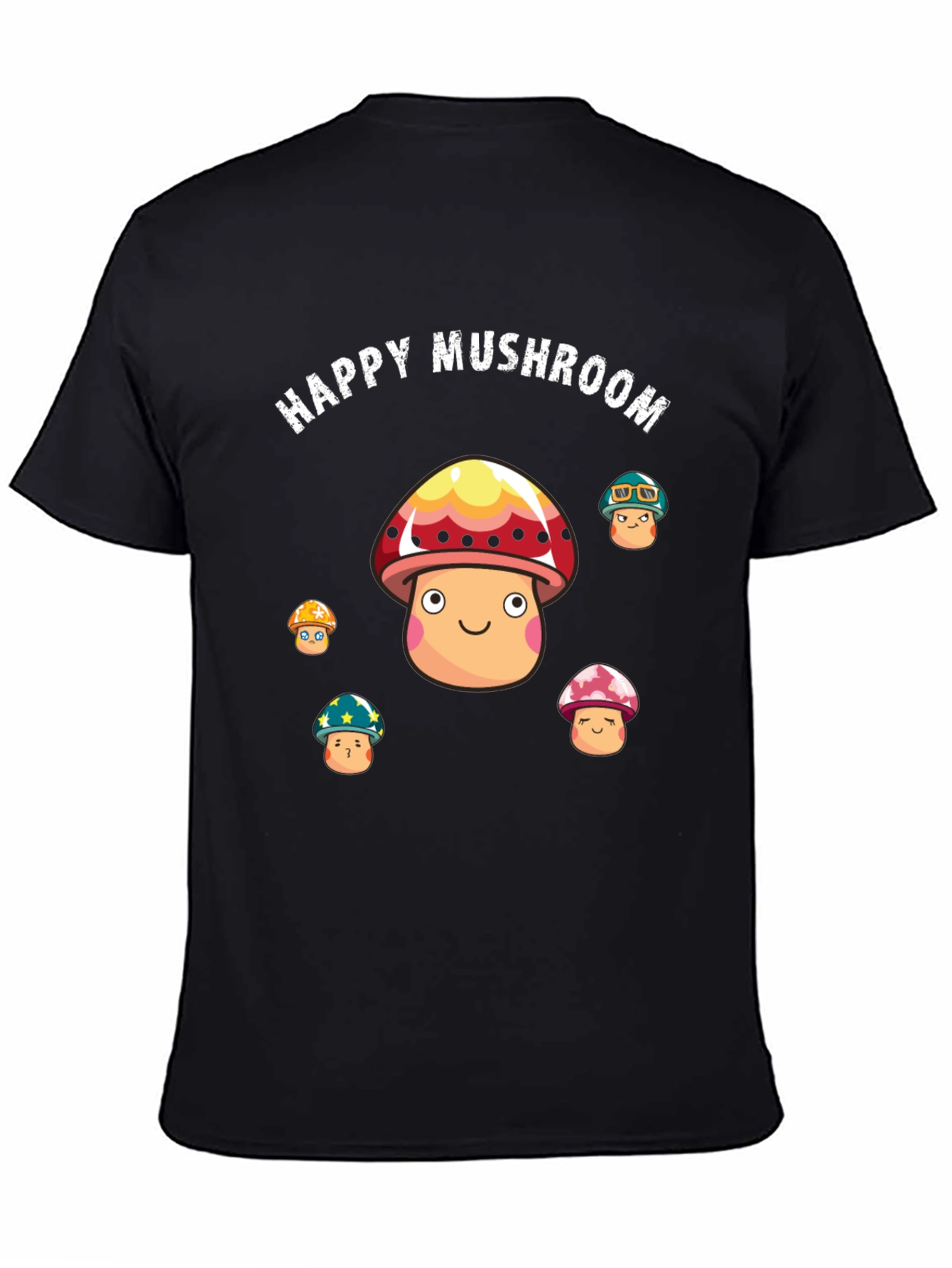 Happy Mushroom Graphic Print Black T-Shirt