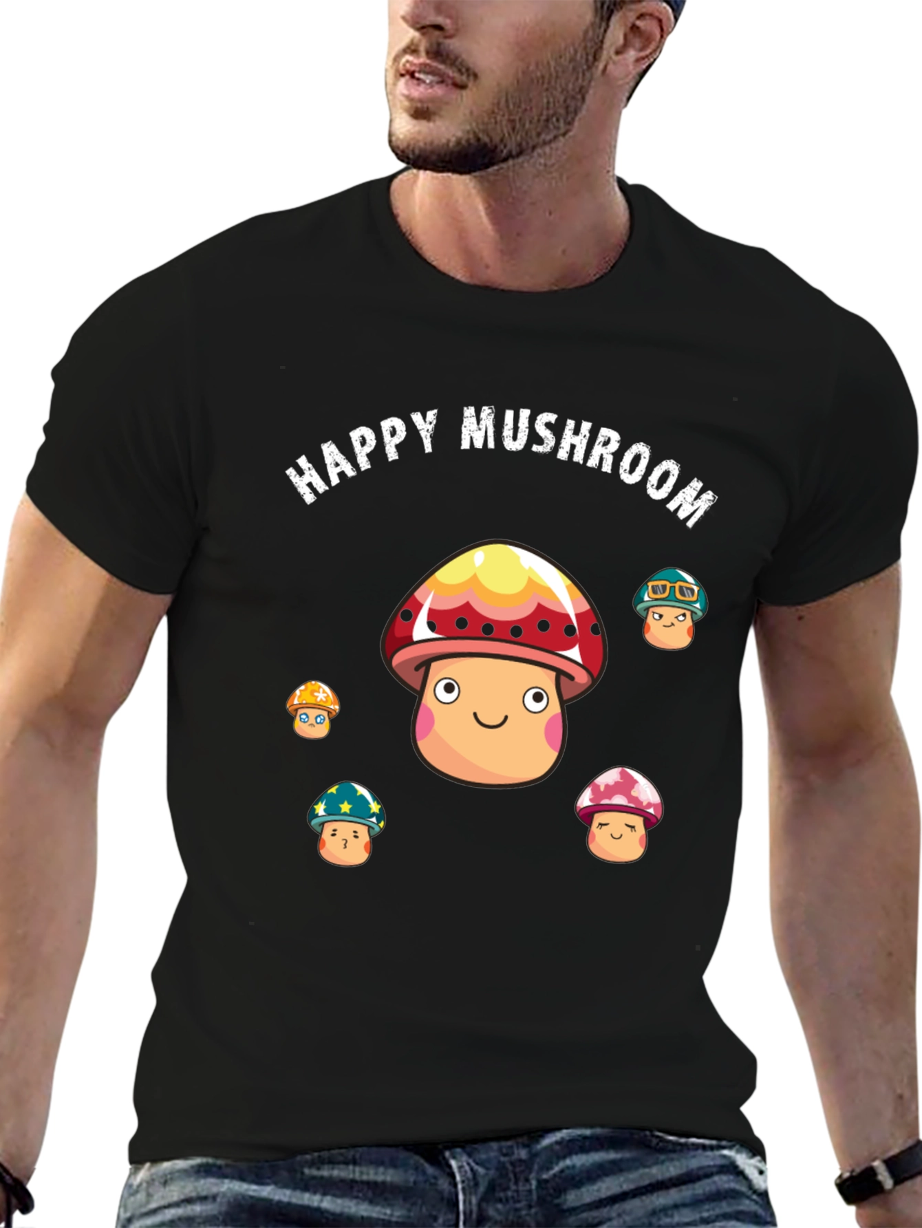 Happy Mushroom Graphic Print Black T-Shirt