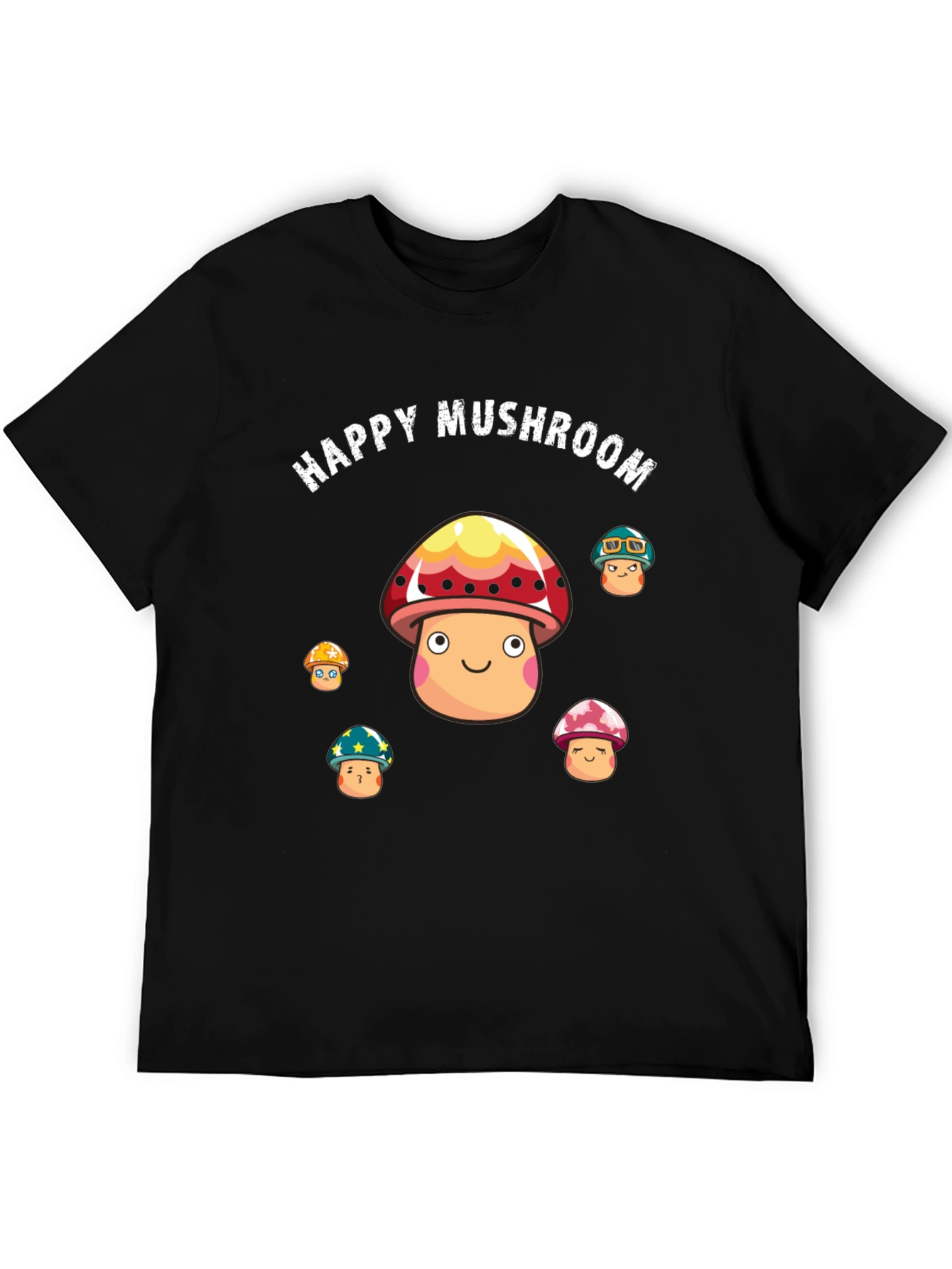 Happy Mushroom Graphic Print Black T-Shirt