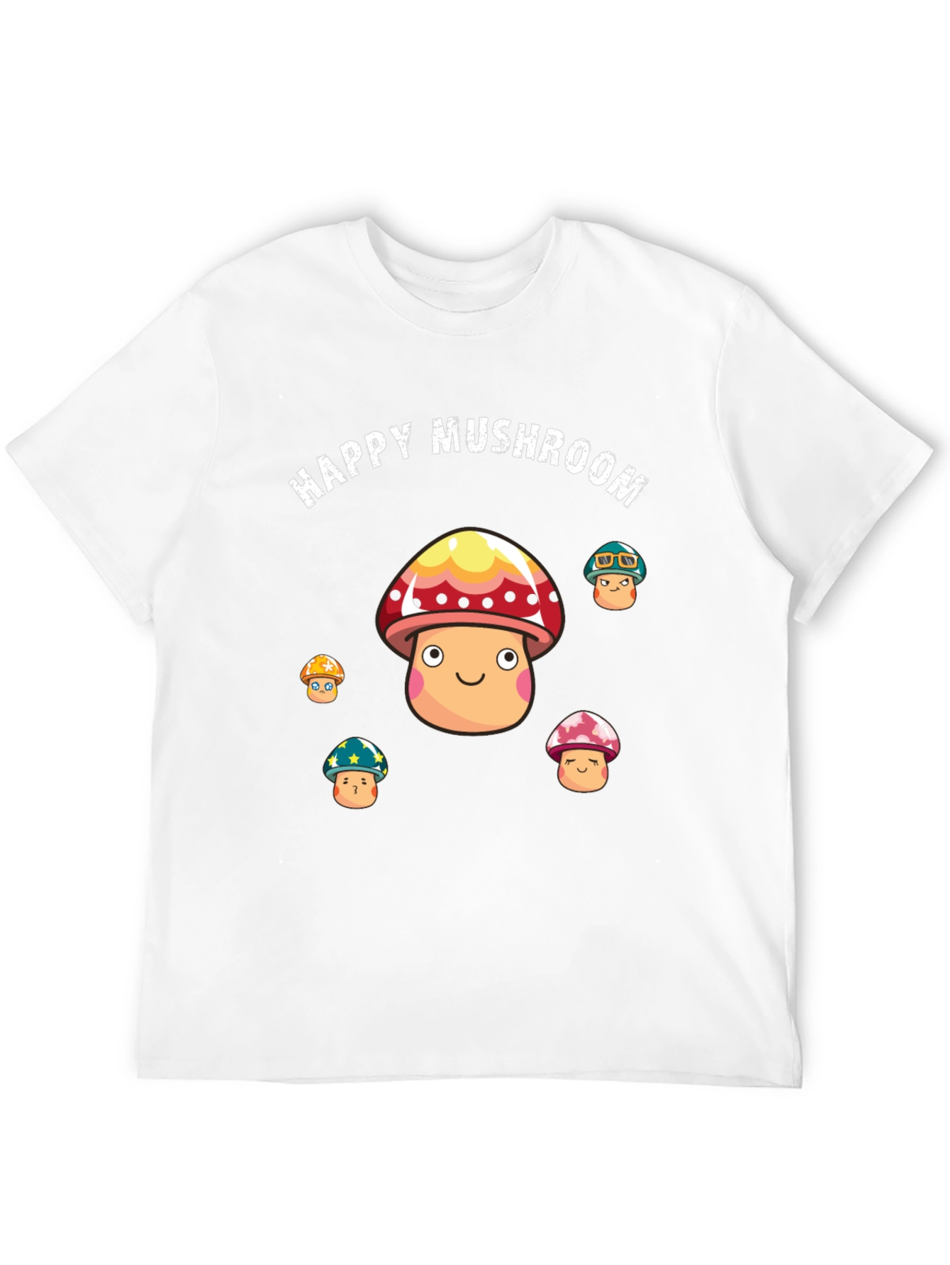 Happy Mushroom Graphic Print Black T-Shirt