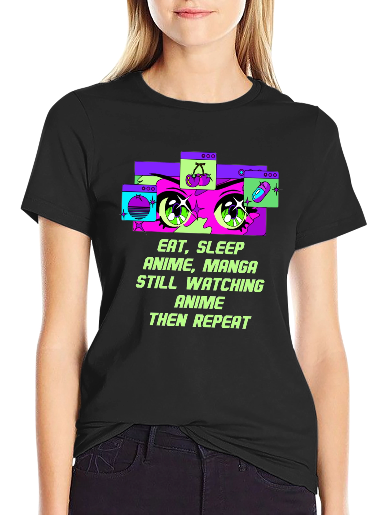 Eat Sleep Anime Repeat Black T-Shirt