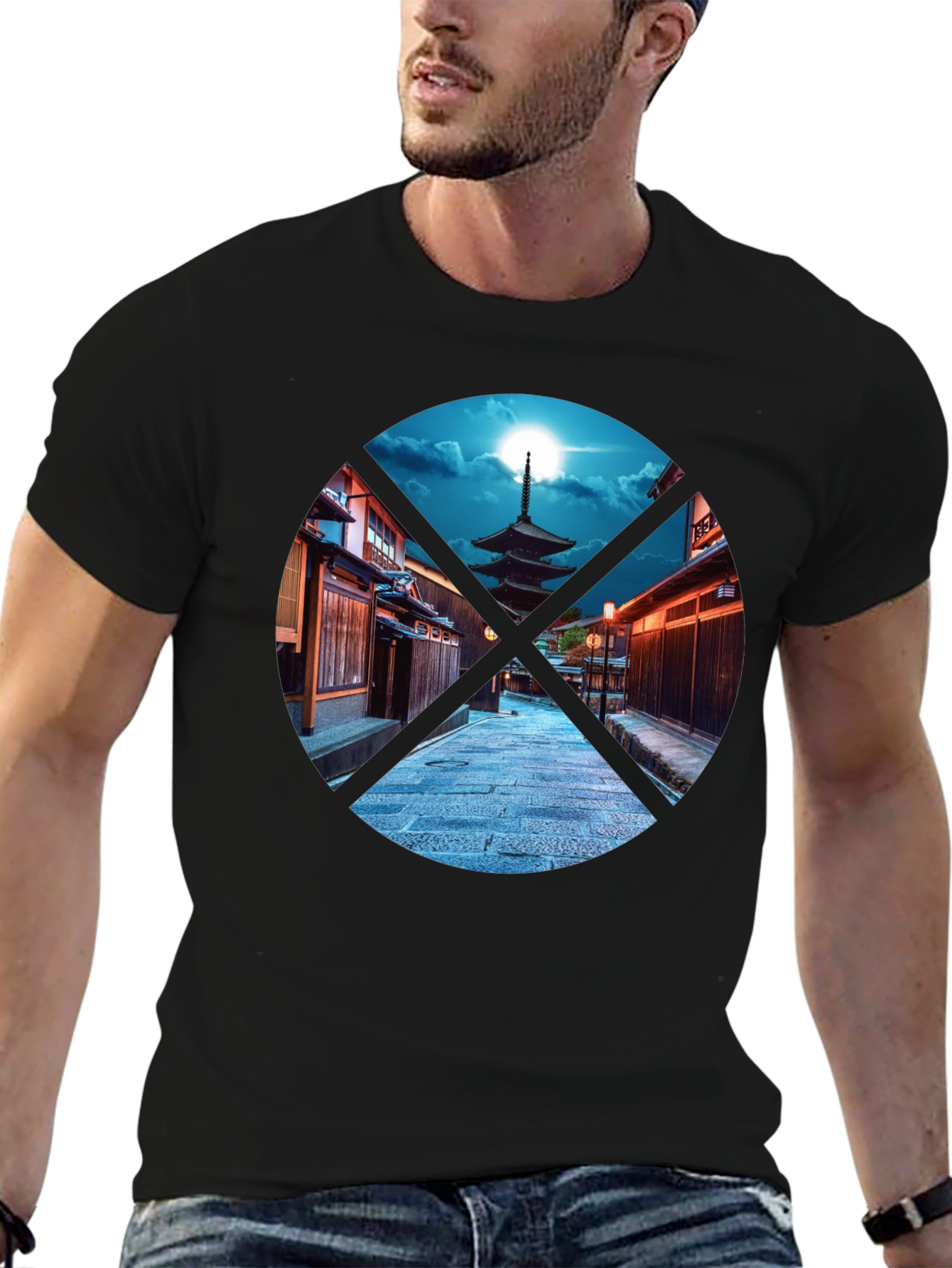 Japanese Pagoda Graphic Print Black T-Shirt