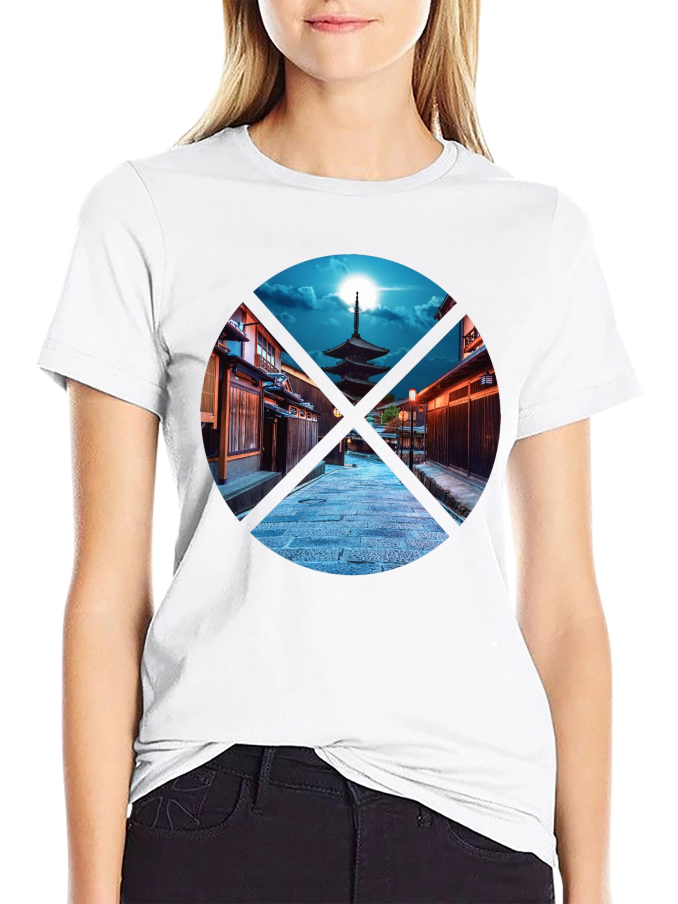 Japanese Pagoda Graphic Print Black T-Shirt