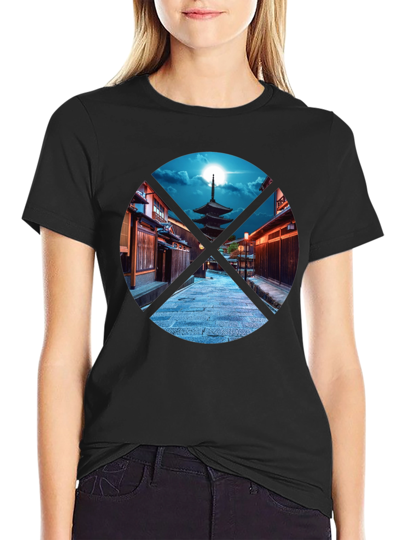 Japanese Pagoda Graphic Print Black T-Shirt
