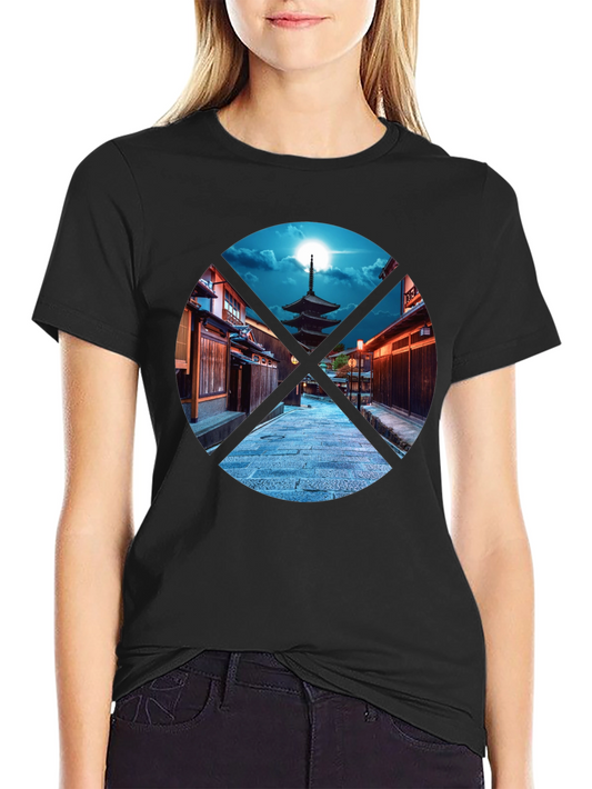 Japanese Pagoda Graphic Print Black T-Shirt