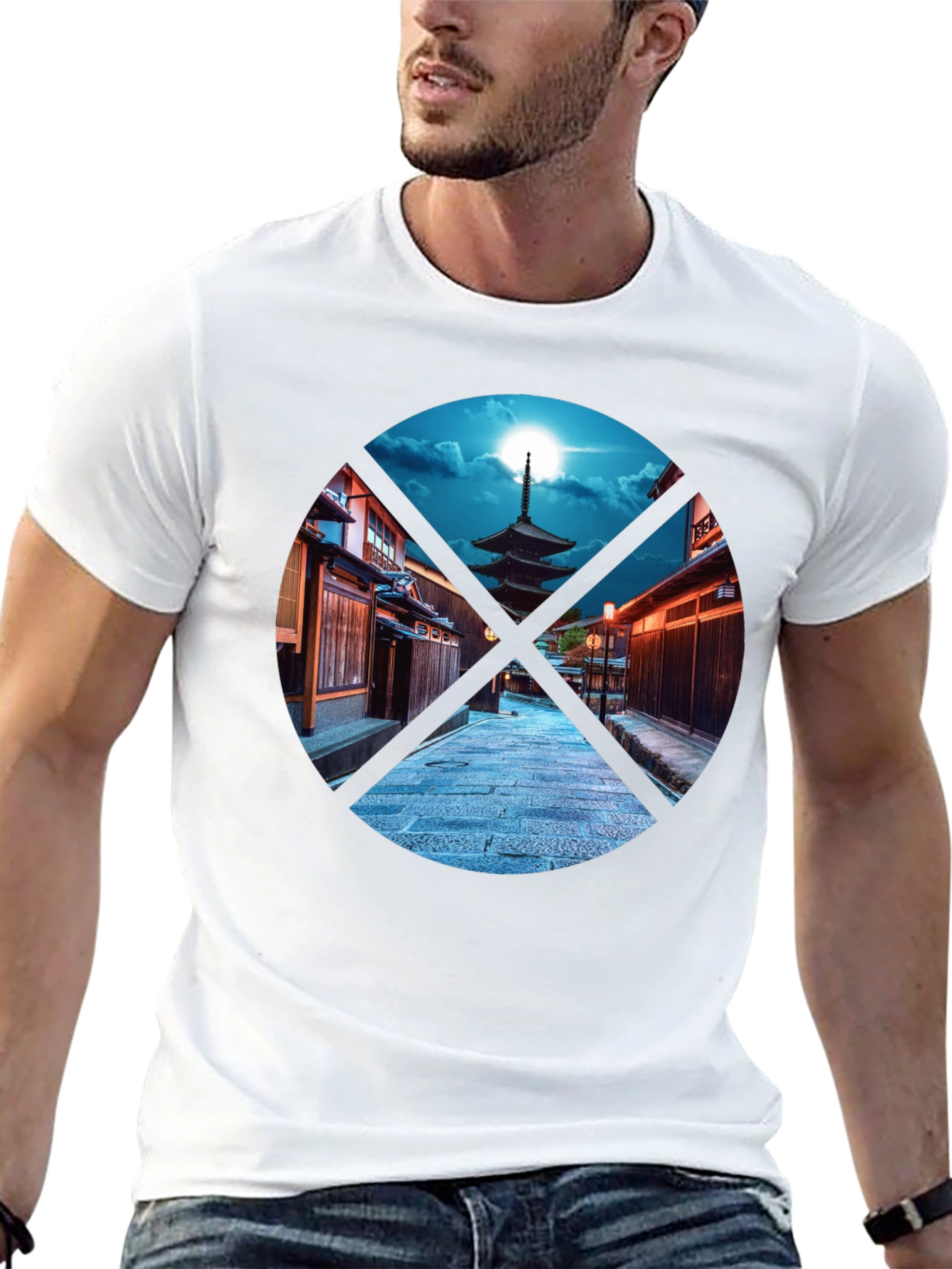 Japanese Pagoda Graphic Print Black T-Shirt