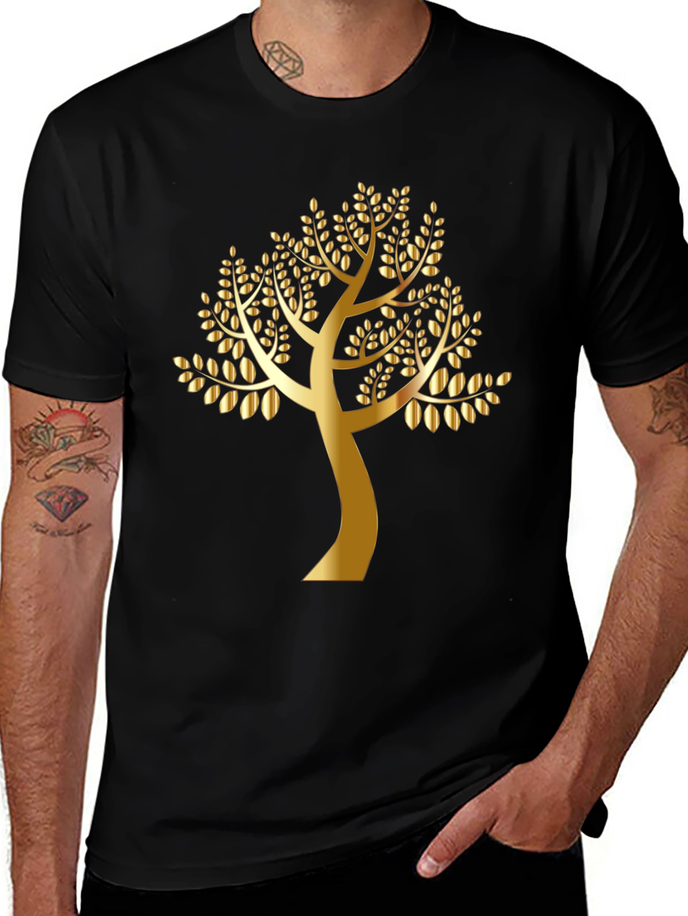 Golden Tree Black T-Shirt - Nature Inspired Design