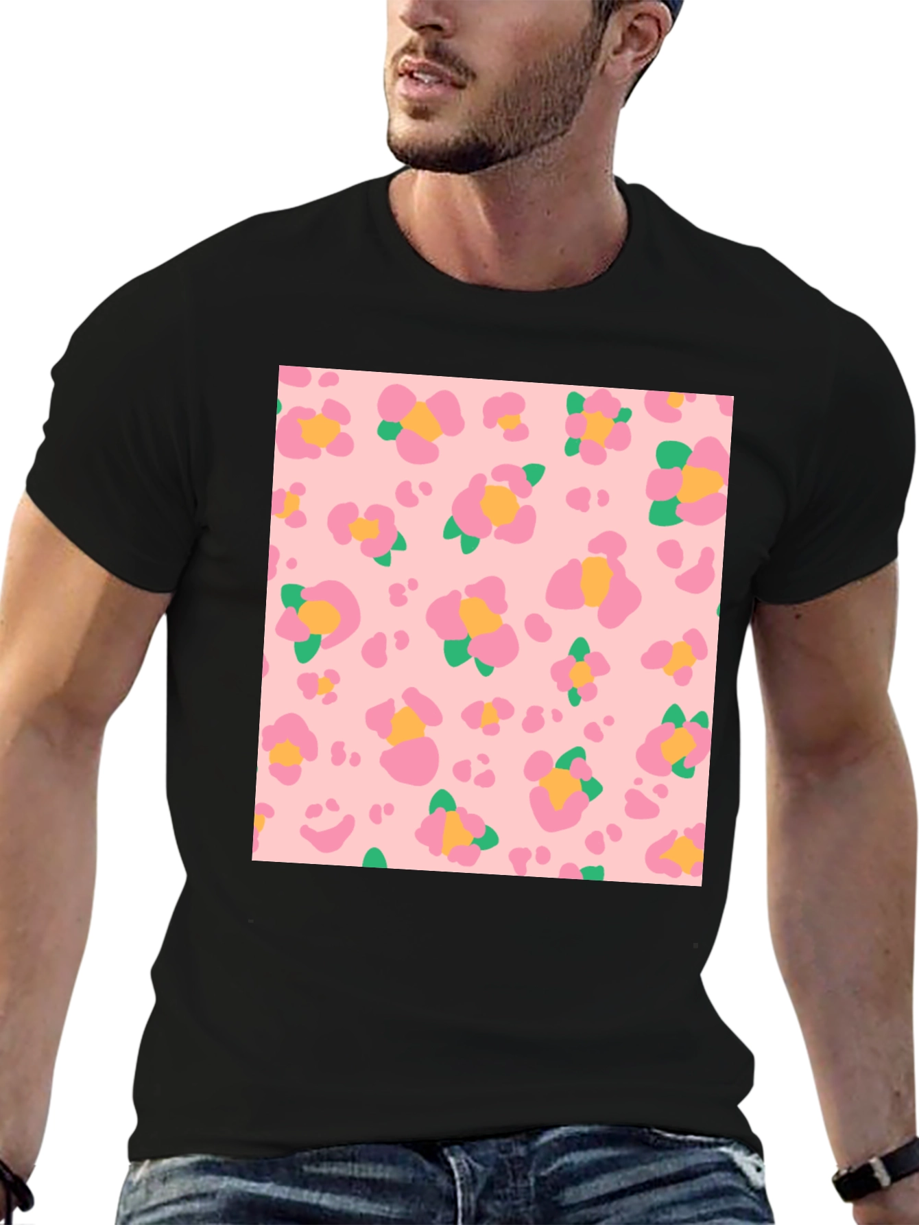 Floral Leopard Print Black T-Shirt