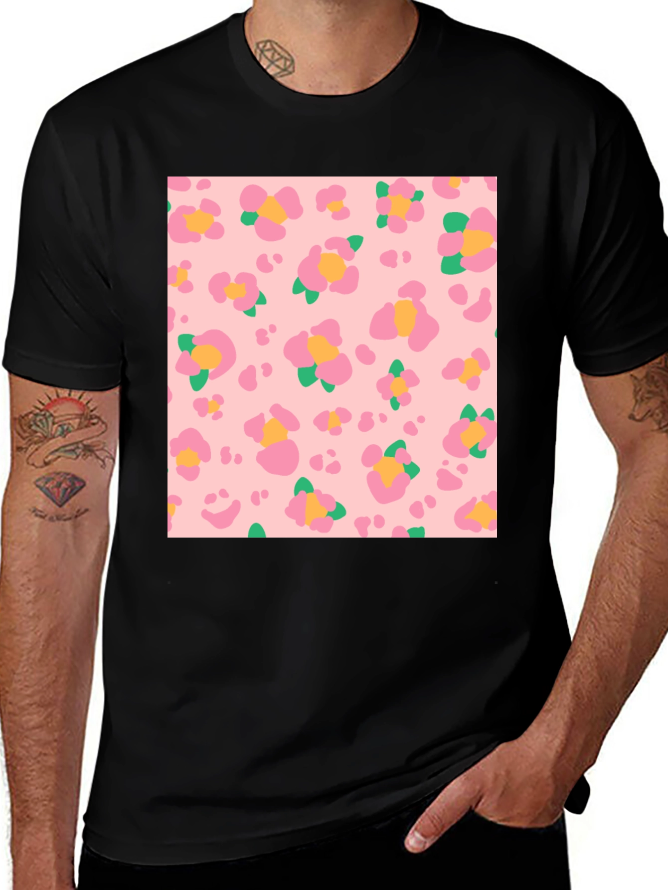 Floral Leopard Print Black T-Shirt