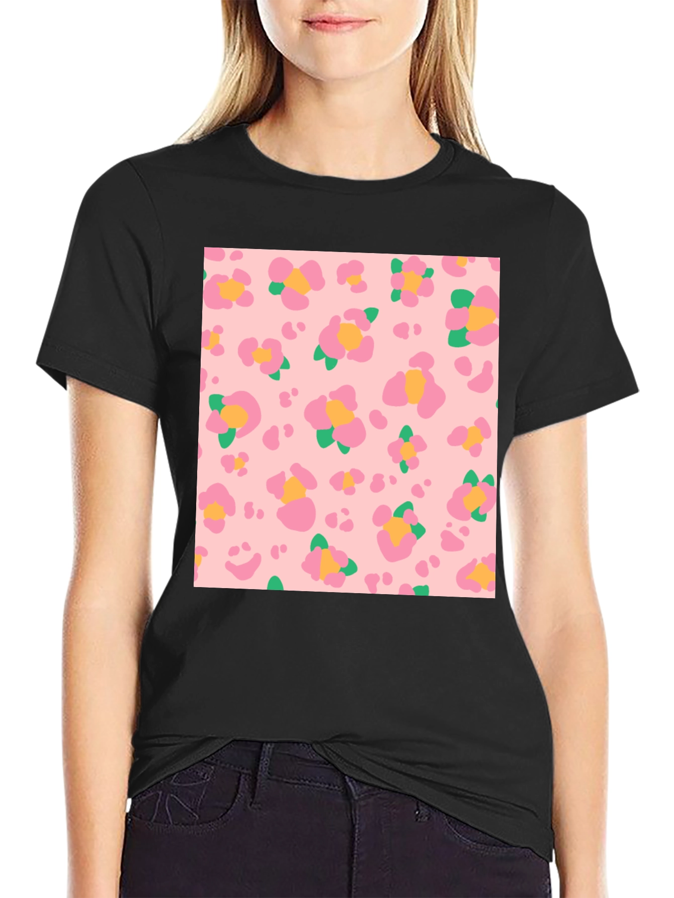 Floral Leopard Print Black T-Shirt