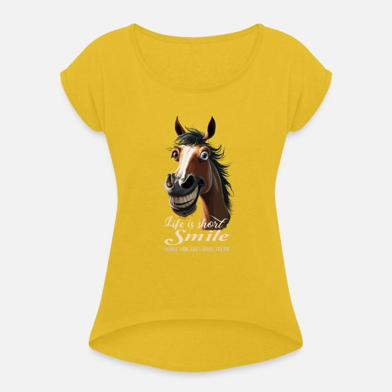 Horse Laughs and Shows Teeth with Horseshoe