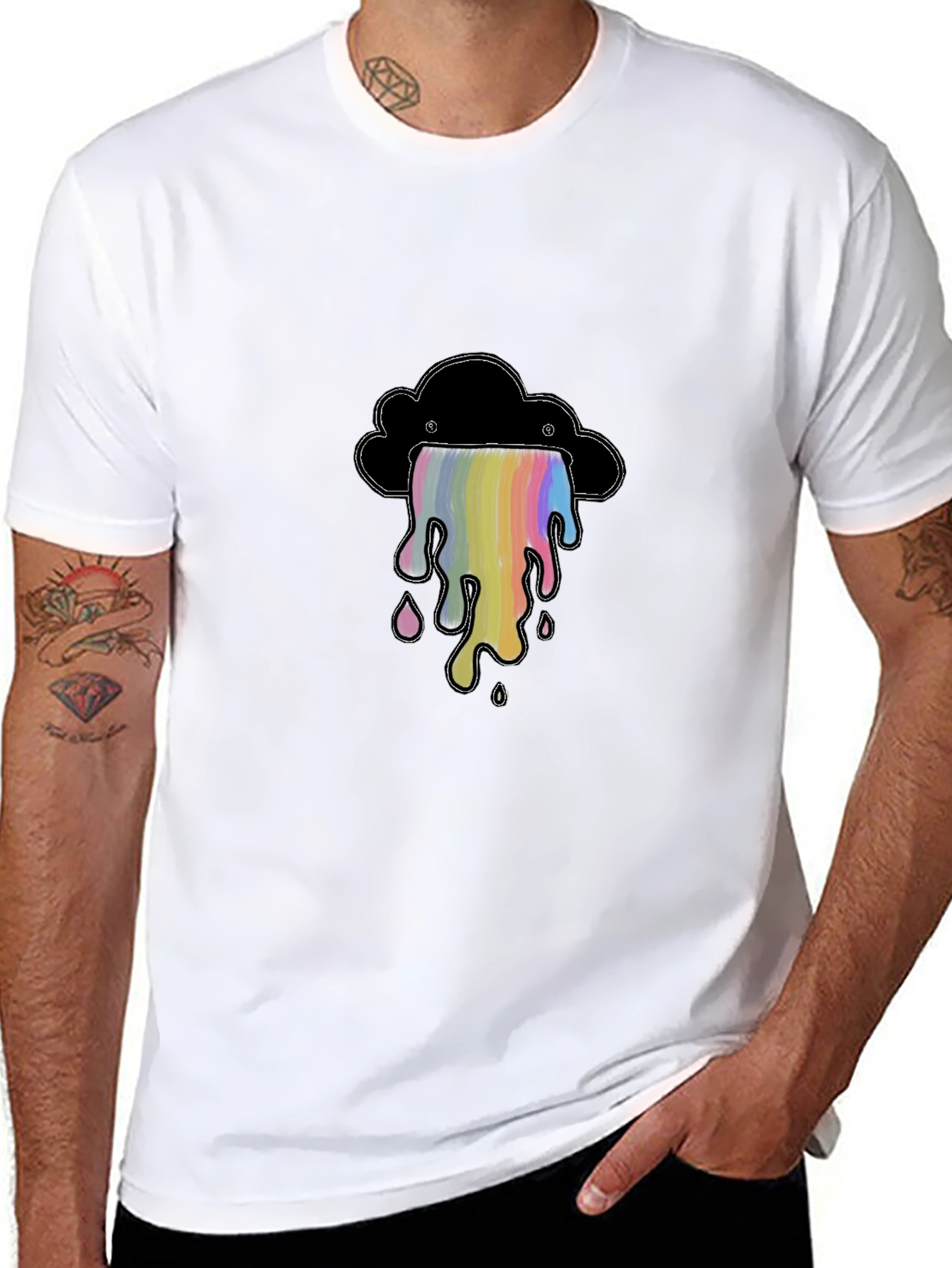 Black T-Shirt with Rainbow Cloud Graphic