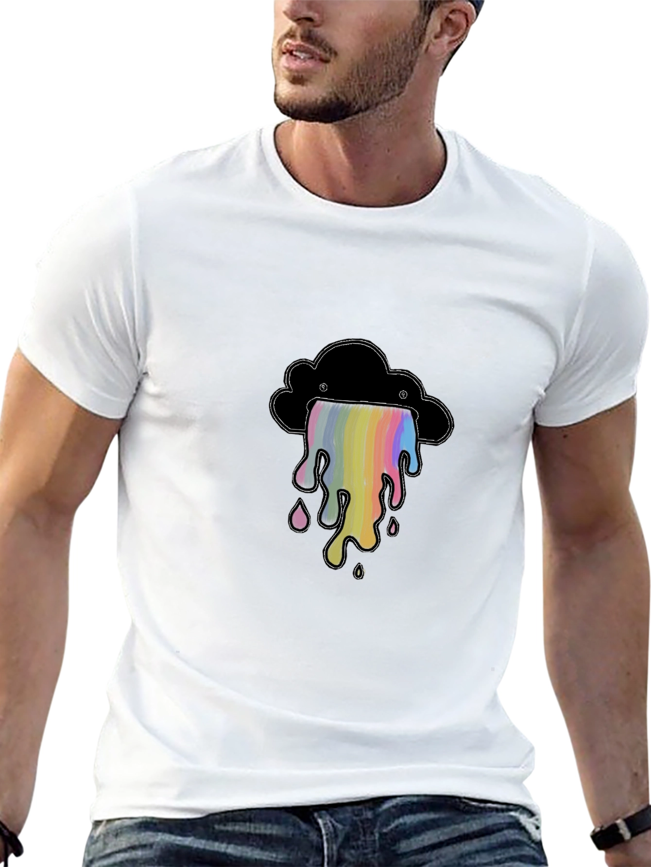Black T-Shirt with Rainbow Cloud Graphic