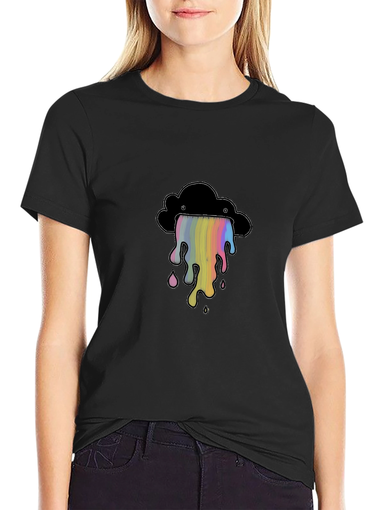 Black T-Shirt with Rainbow Cloud Graphic
