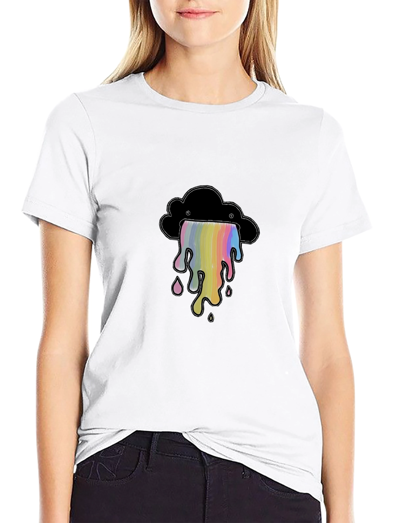Black T-Shirt with Rainbow Cloud Graphic