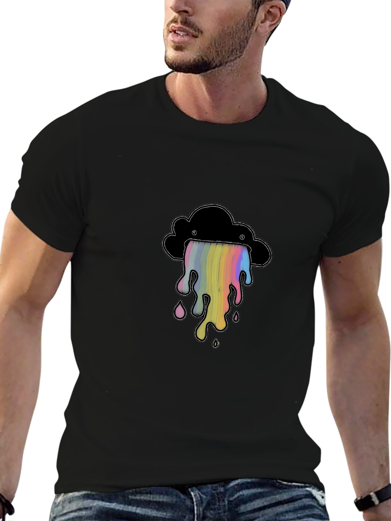 Black T-Shirt with Rainbow Cloud Graphic