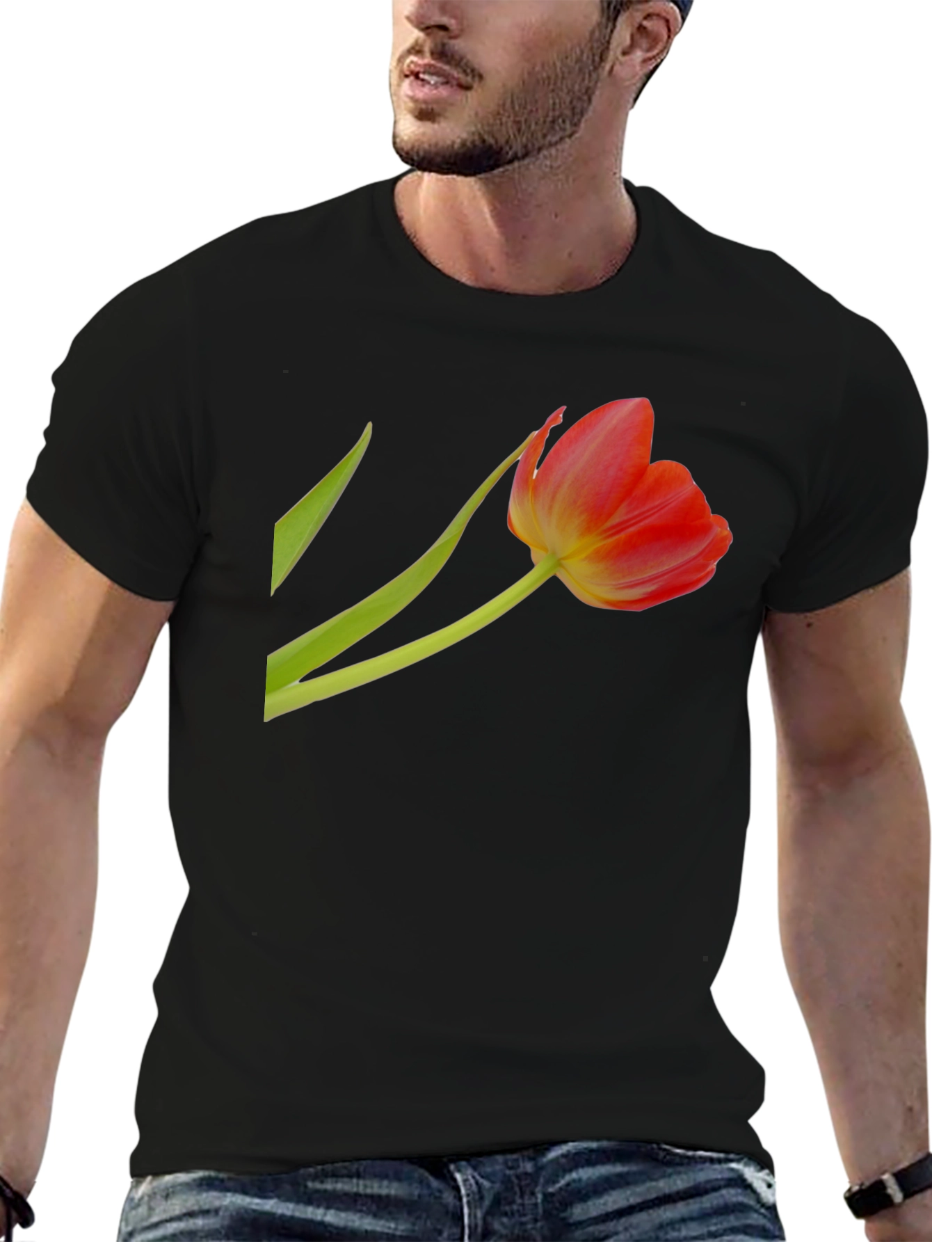 Floral Tulip Graphic Tee - Stylish Black T-Shirt
