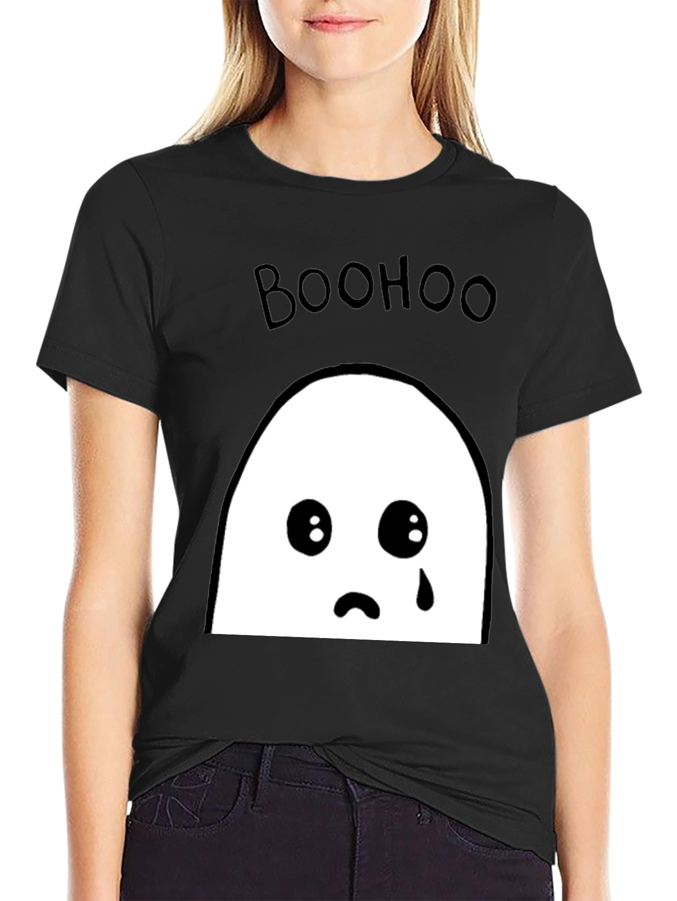 Boohoo Ghost Graphic Tee - Black Cotton T-Shirt