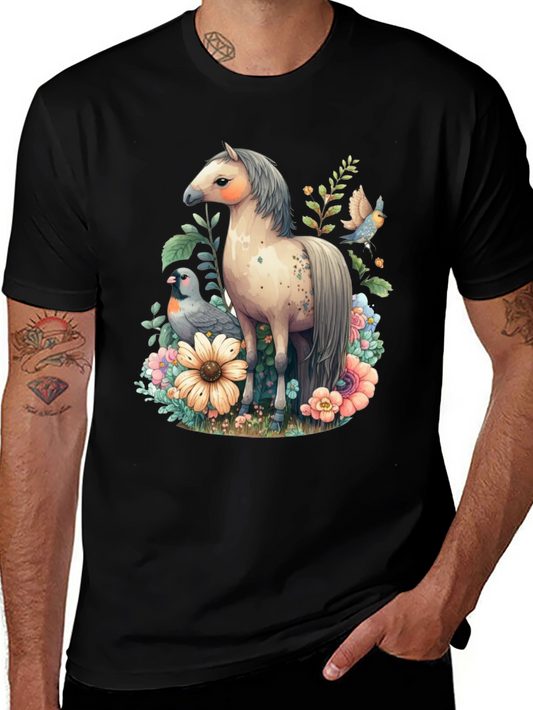 Floral Horse Graphic Tee - Mens Black T-Shirt