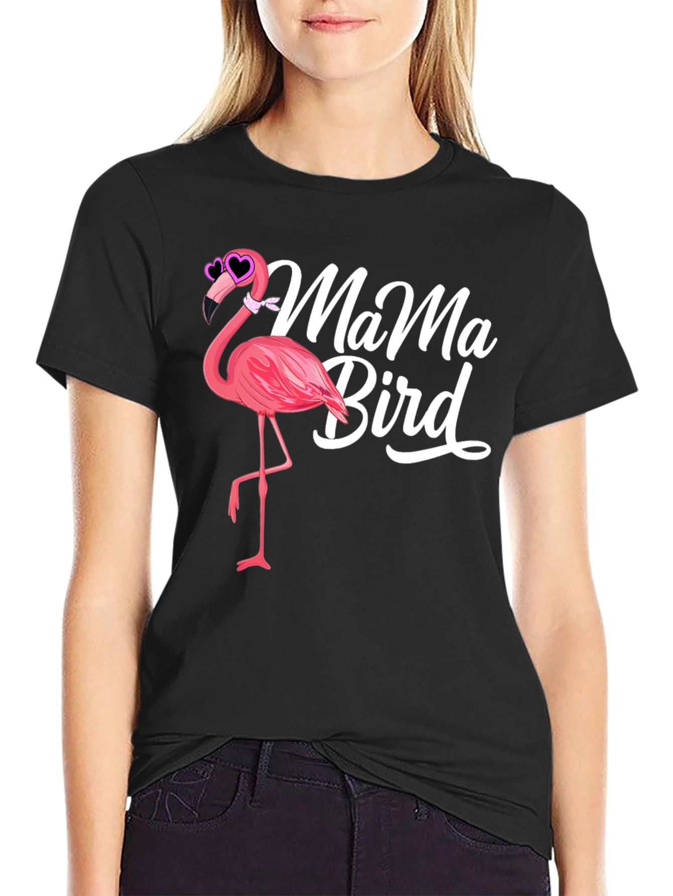 Mama Bird Flamingo Graphic Tee - Black