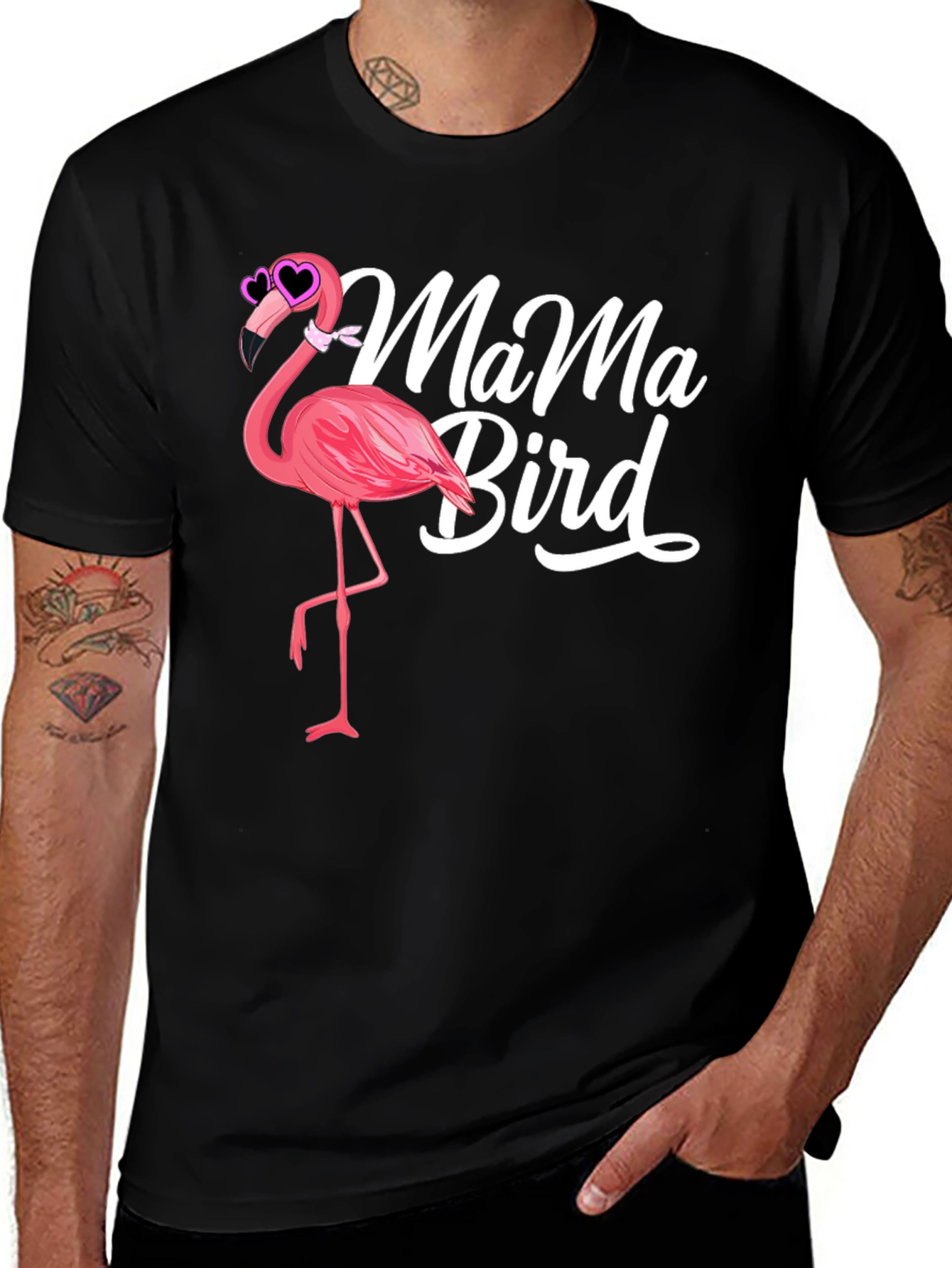 Mama Bird Flamingo Graphic Tee - Black