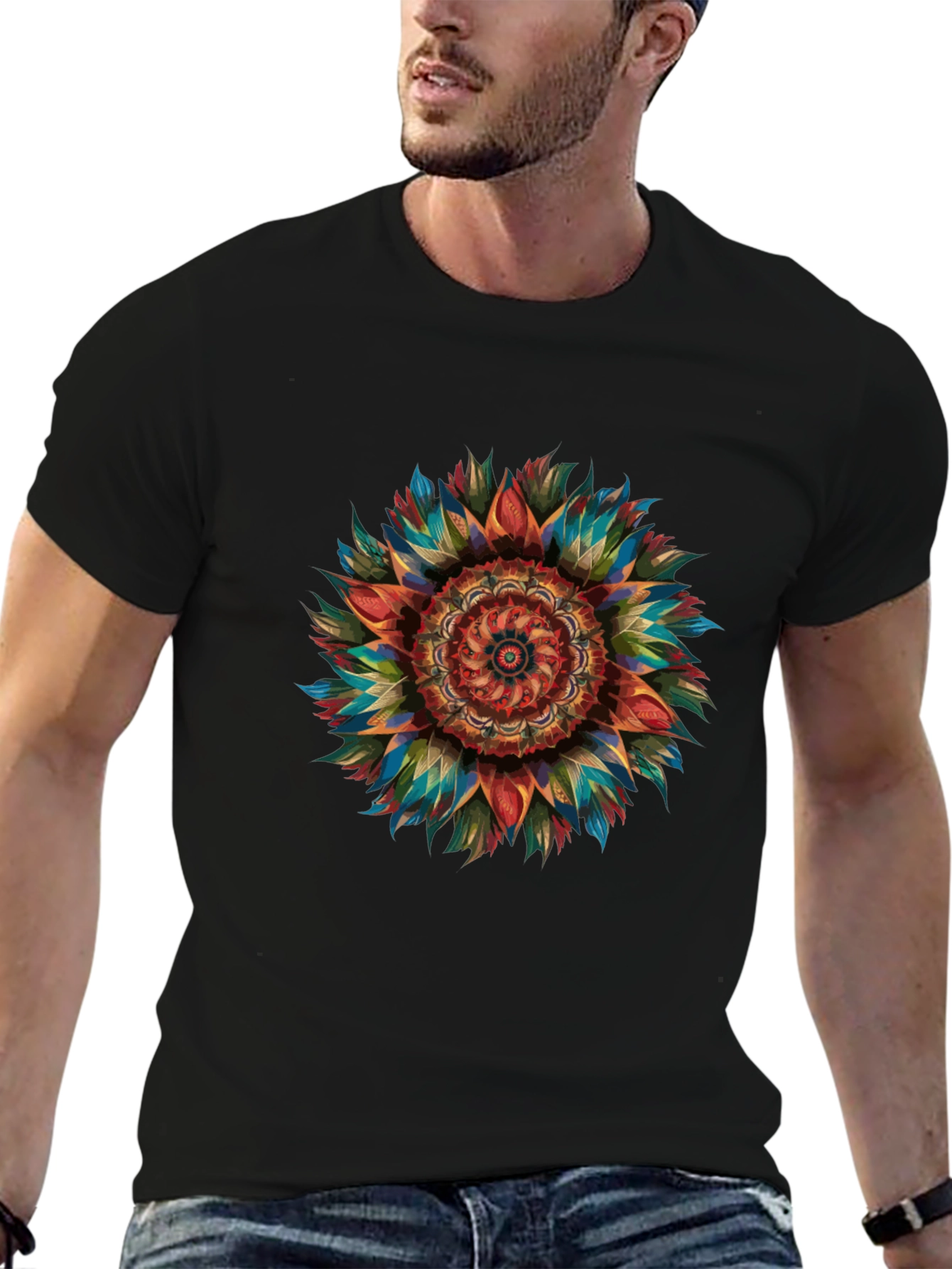 Vibrant Mandala Graphic Print Mens Black T-Shirt