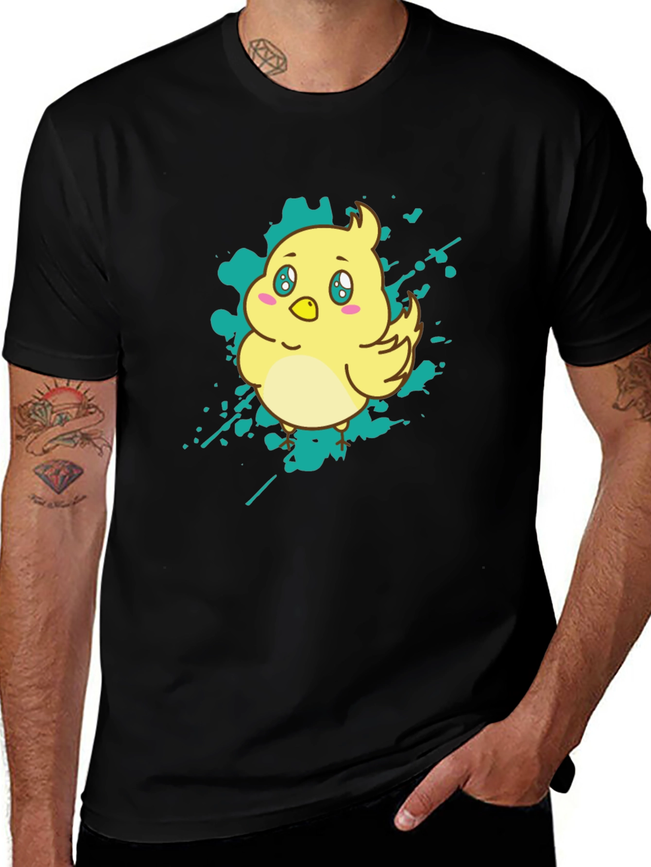 Cute Cartoon Chick Graphic Tee - Black Cotton T-Shirt