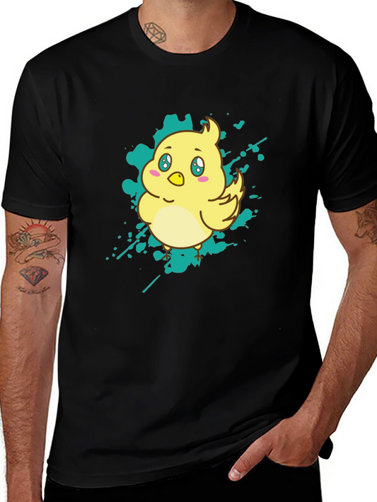 Cute Cartoon Chick Graphic Tee - Black Cotton T-Shirt