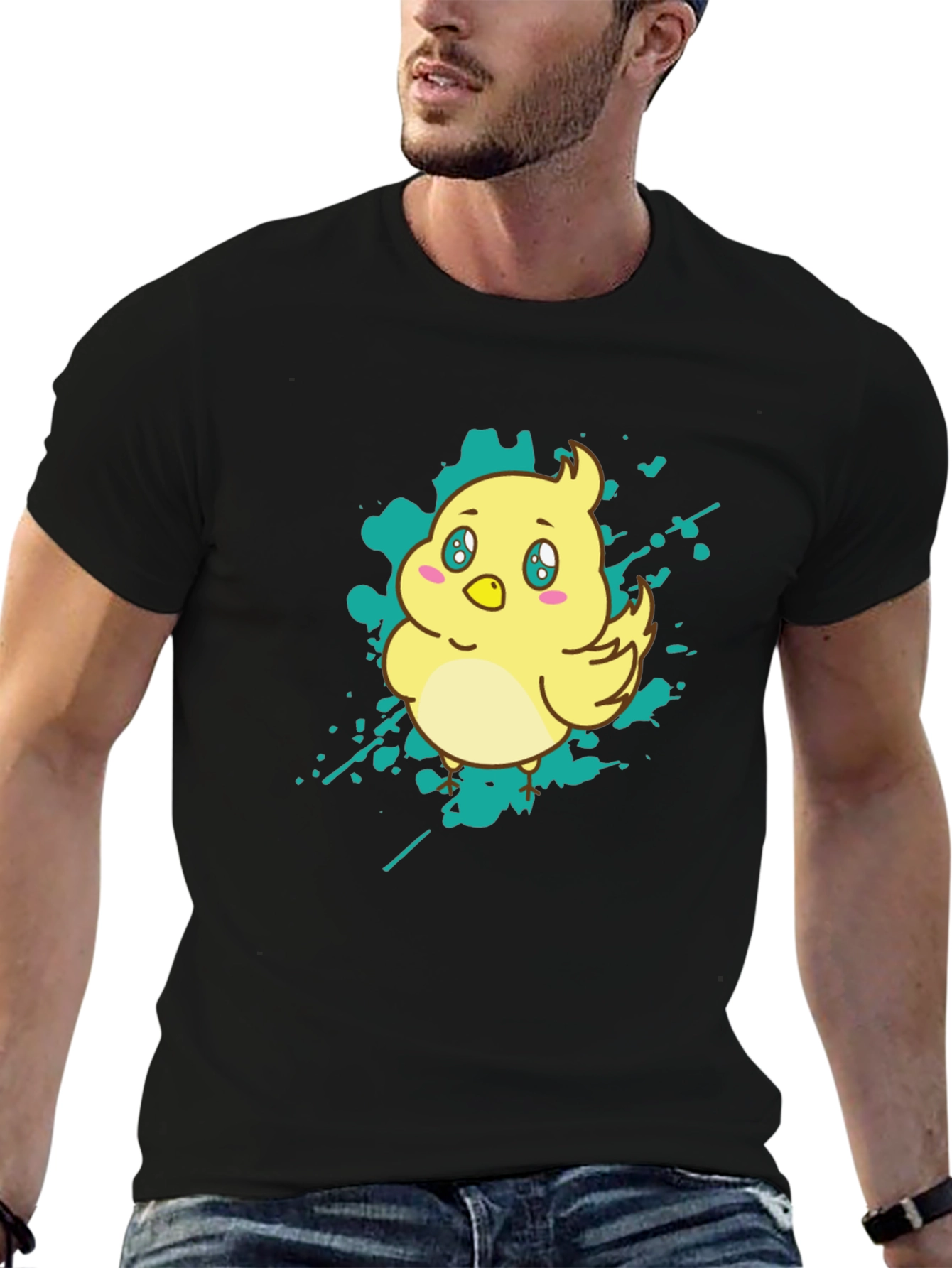 Cute Cartoon Chick Graphic Tee - Black Cotton T-Shirt