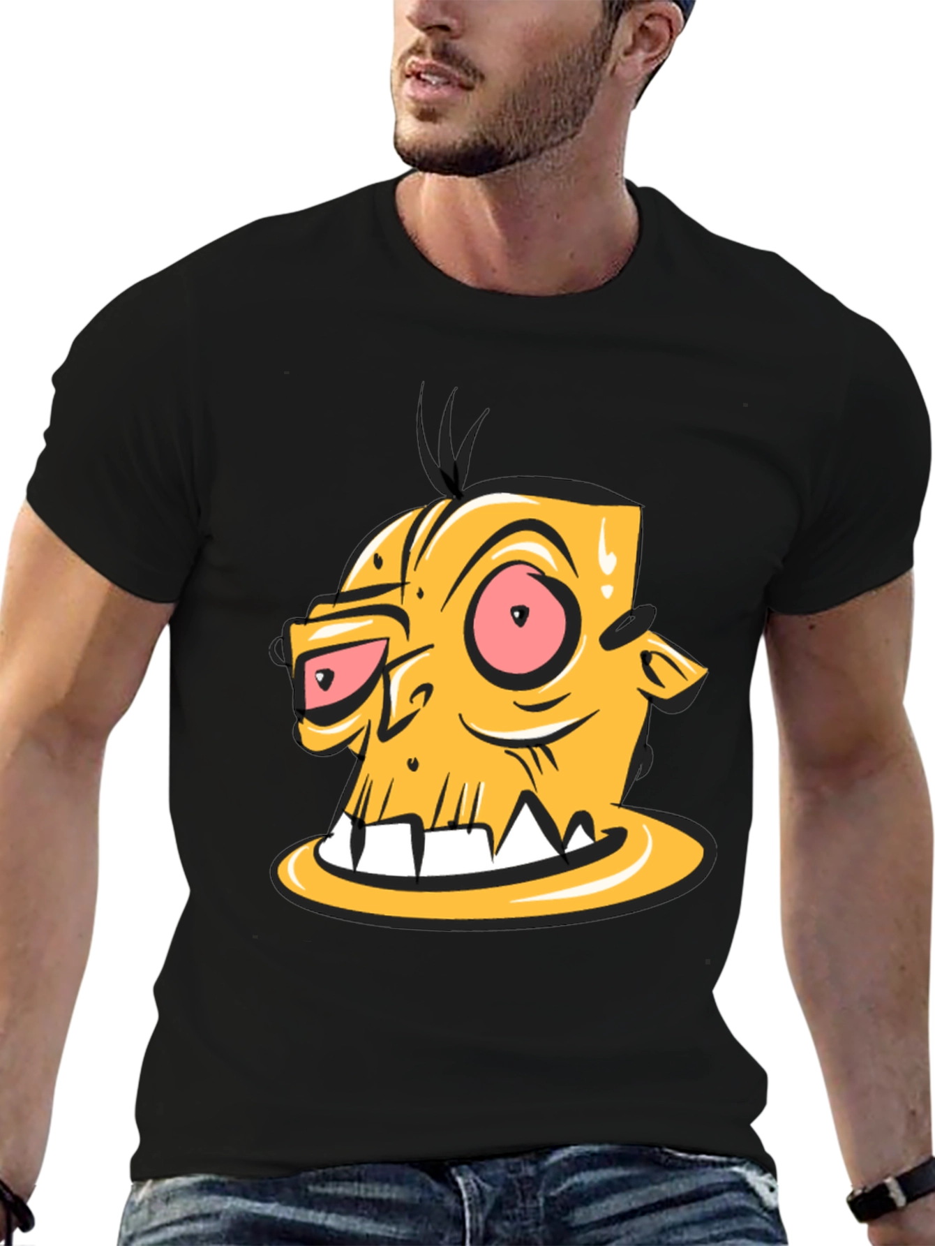 Cartoon Zombie Head Graphic Black T-Shirt