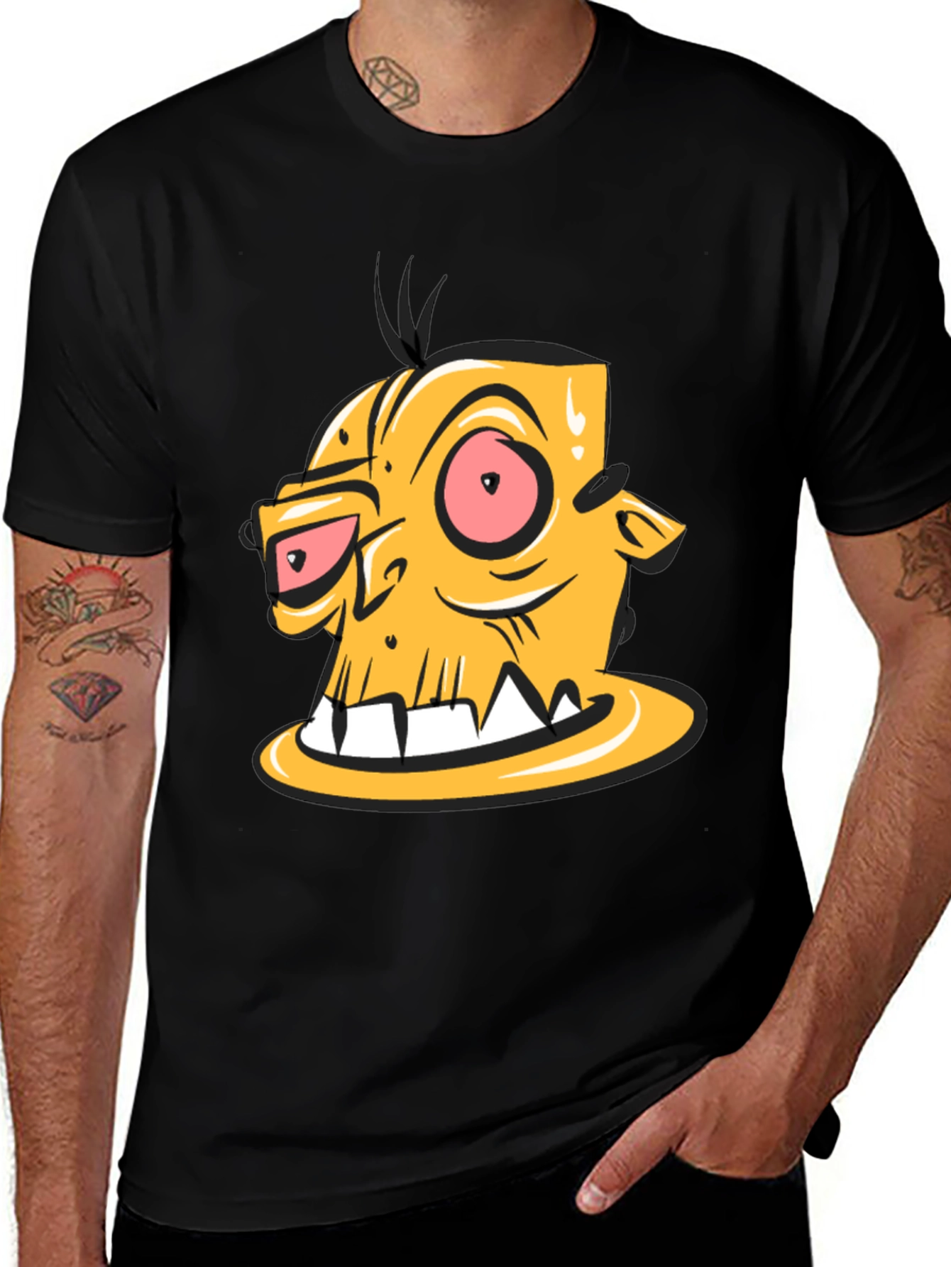 Cartoon Zombie Head Graphic Black T-Shirt