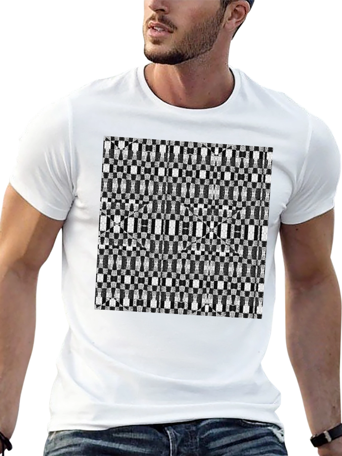Geometric Checkerboard T-Shirt - Stylish Black Tee