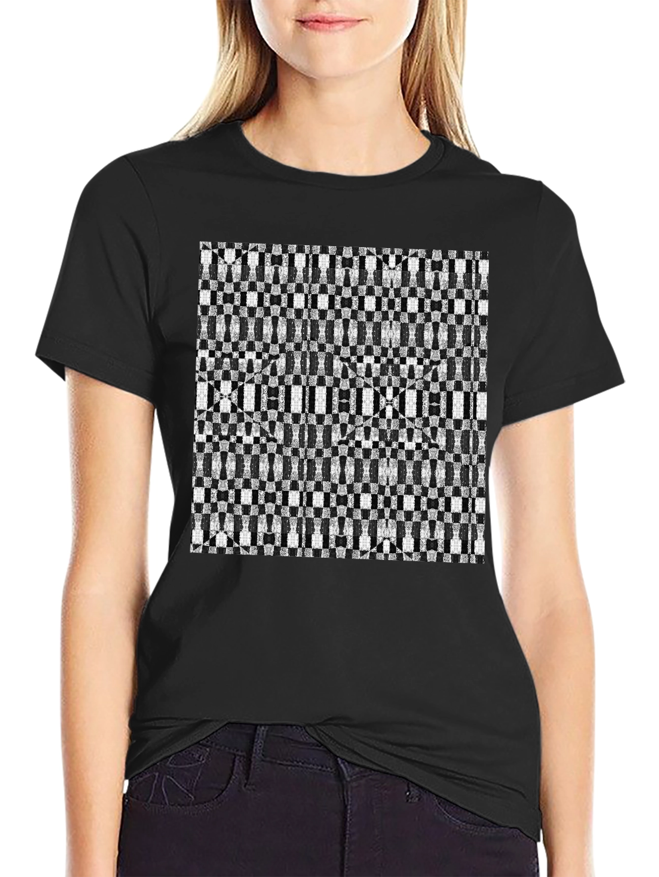 Geometric Checkerboard T-Shirt - Stylish Black Tee