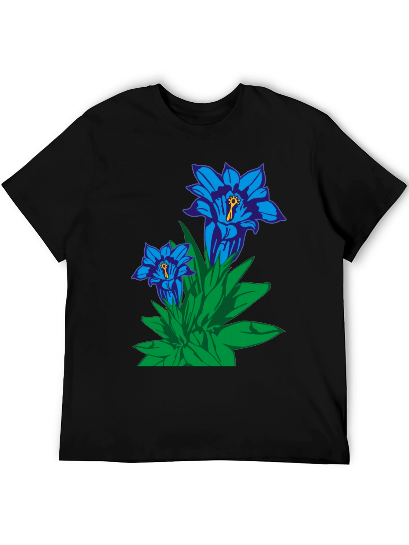 Floral Graphic Tee - Gentian Flowers Black Cotton