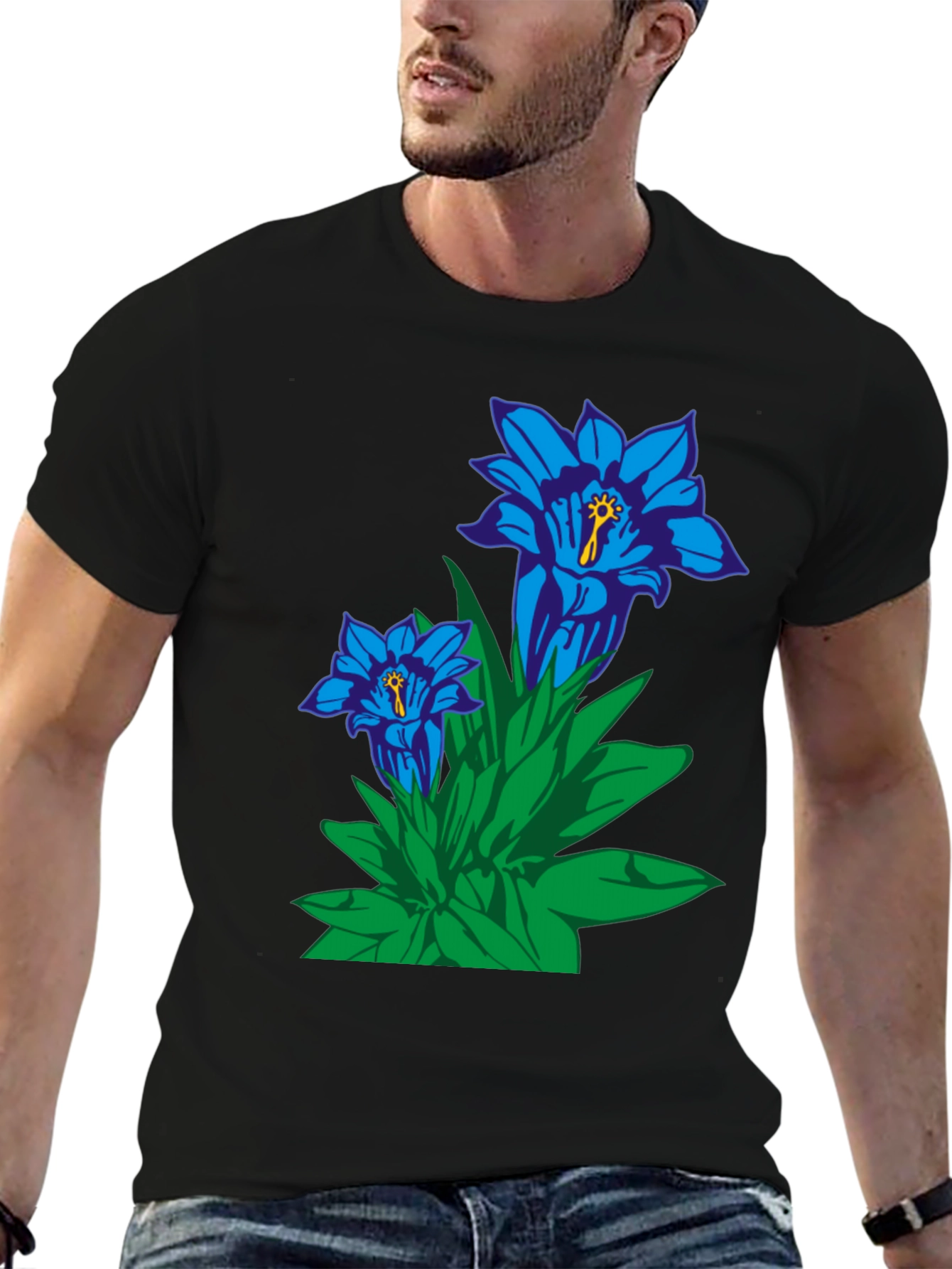 Floral Graphic Tee - Gentian Flowers Black Cotton