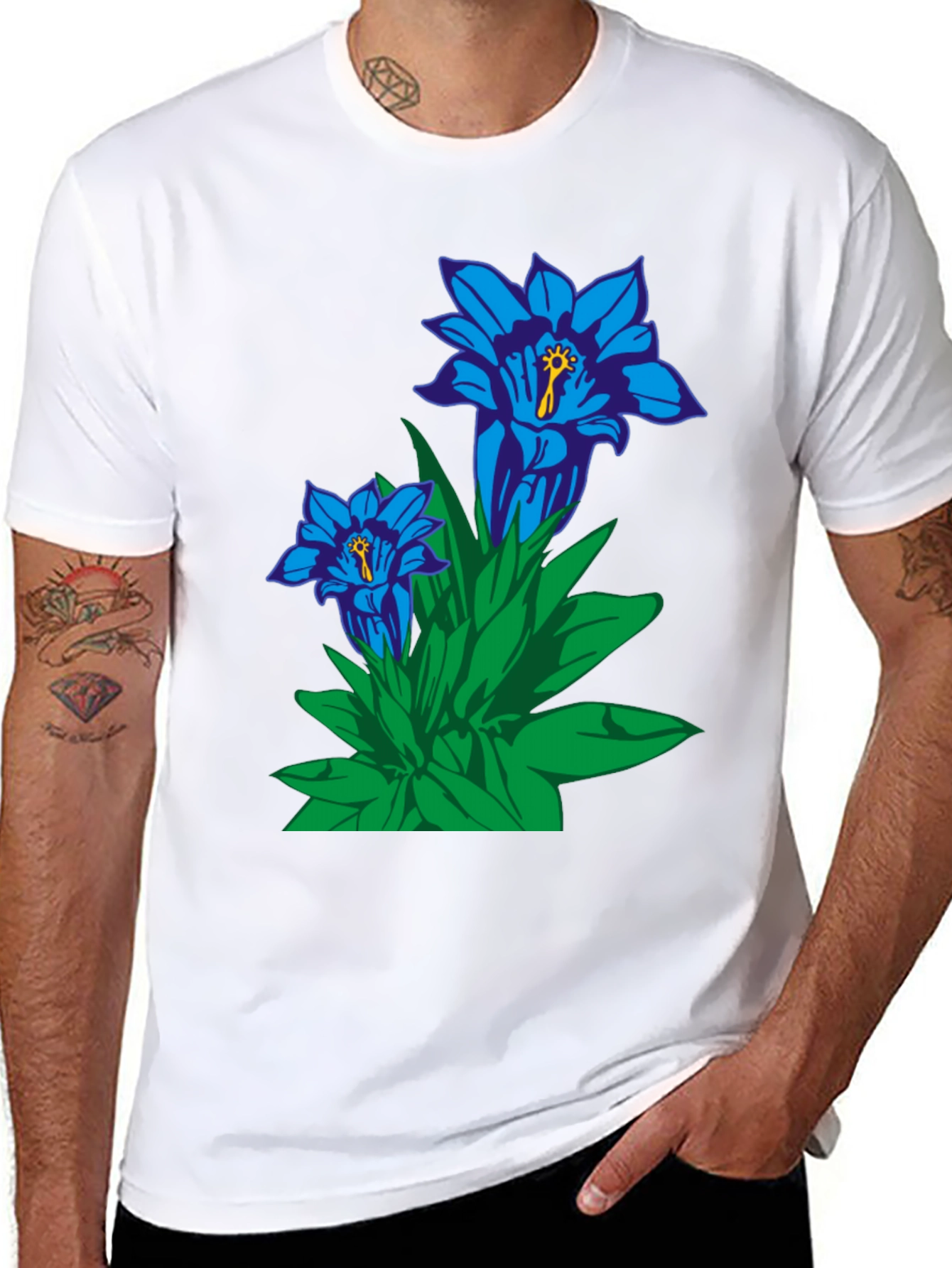 Floral Graphic Tee - Gentian Flowers Black Cotton