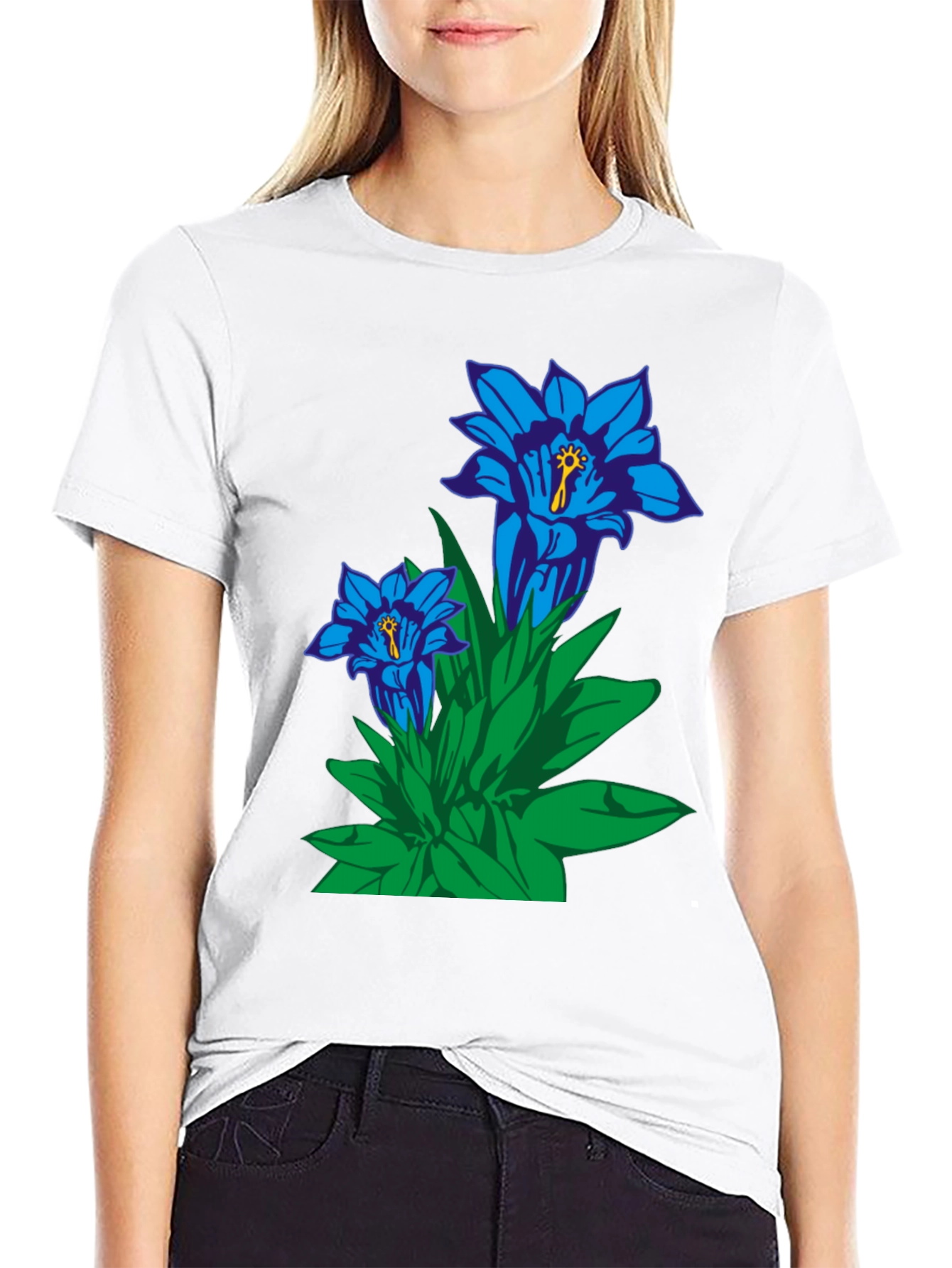 Floral Graphic Tee - Gentian Flowers Black Cotton