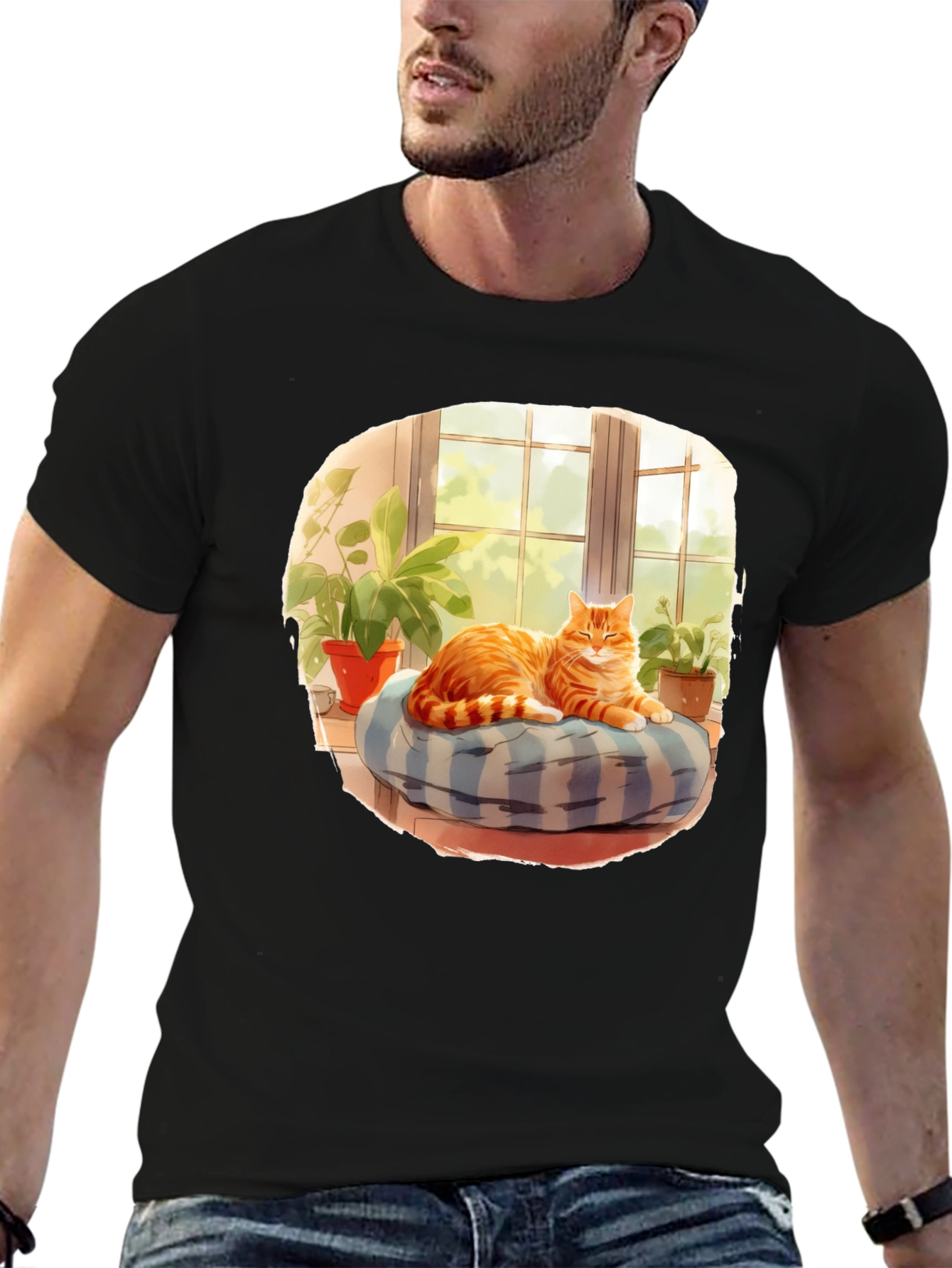 Cozy Cat T-Shirt: Relaxed Feline in Window Design