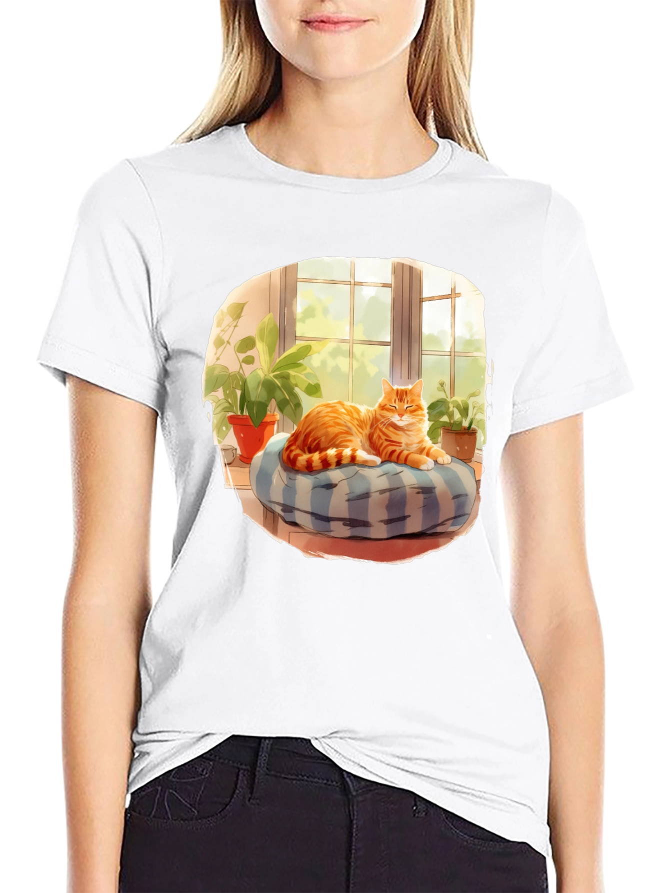 Cozy Cat T-Shirt: Relaxed Feline in Window Design