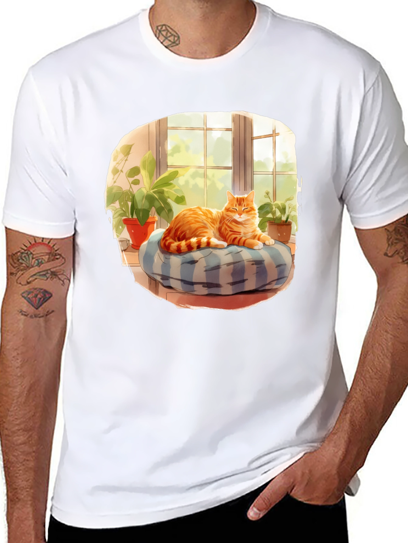 Cozy Cat T-Shirt: Relaxed Feline in Window Design
