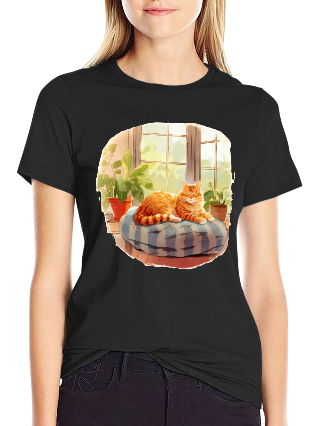 Cozy Cat T-Shirt: Relaxed Feline in Window Design